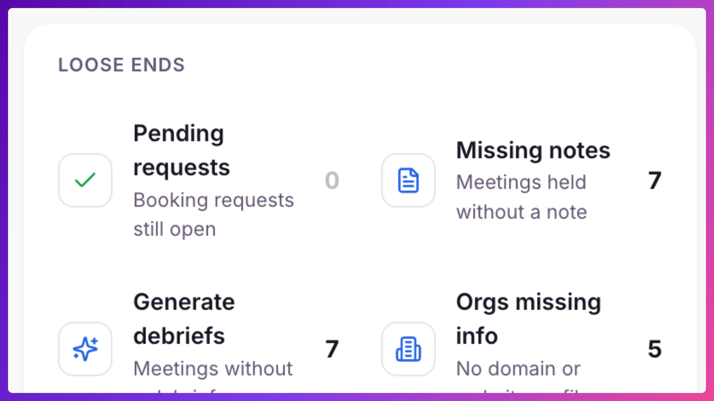Event wrap-up checklist showing no-shows to chase and meetings still missing a Debrief