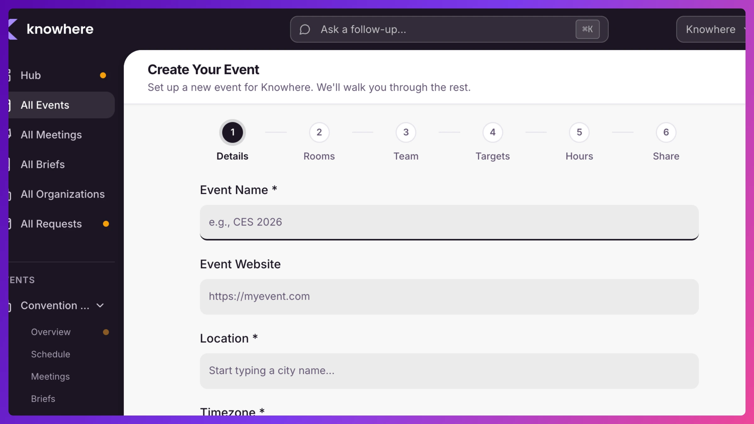 Event creation wizard Details step with fields for name, location, timezone, and dates