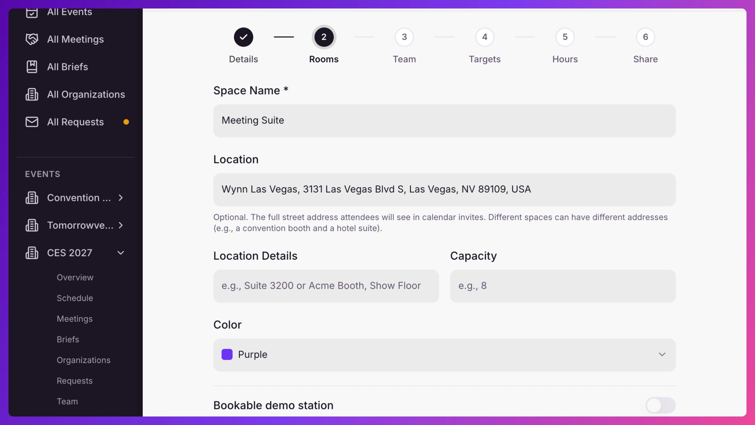 Wizard Spaces step with added rooms, one showing the Bookable demo station toggle on