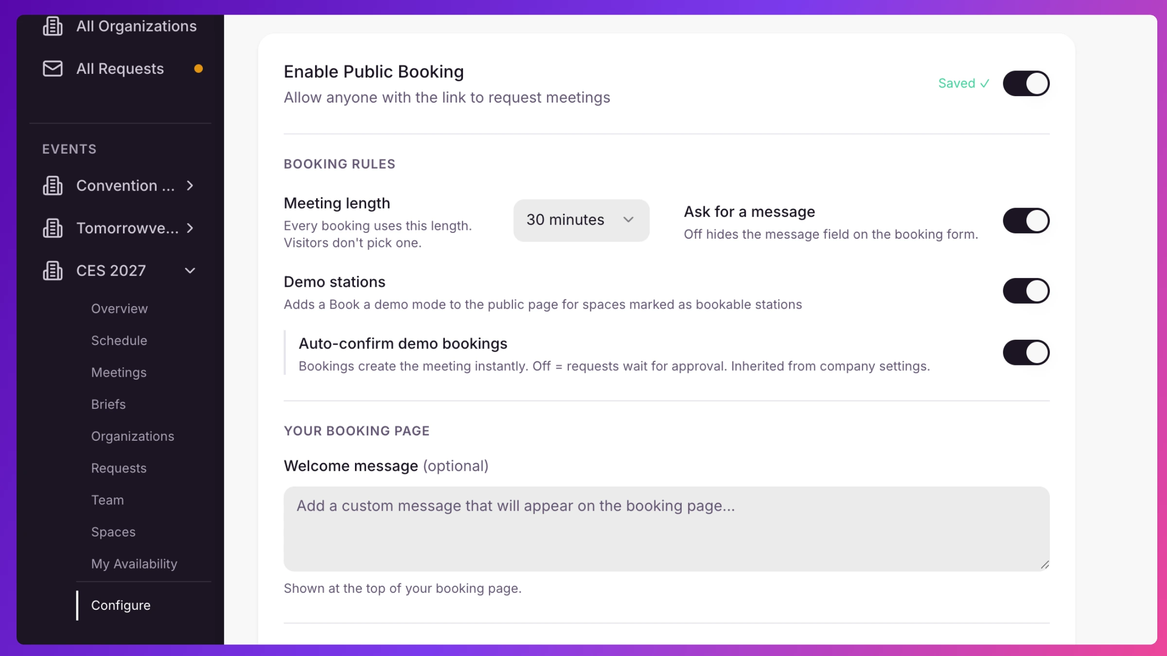 Wizard Share step showing the public booking link, embed snippet, and demo-station booking toggles