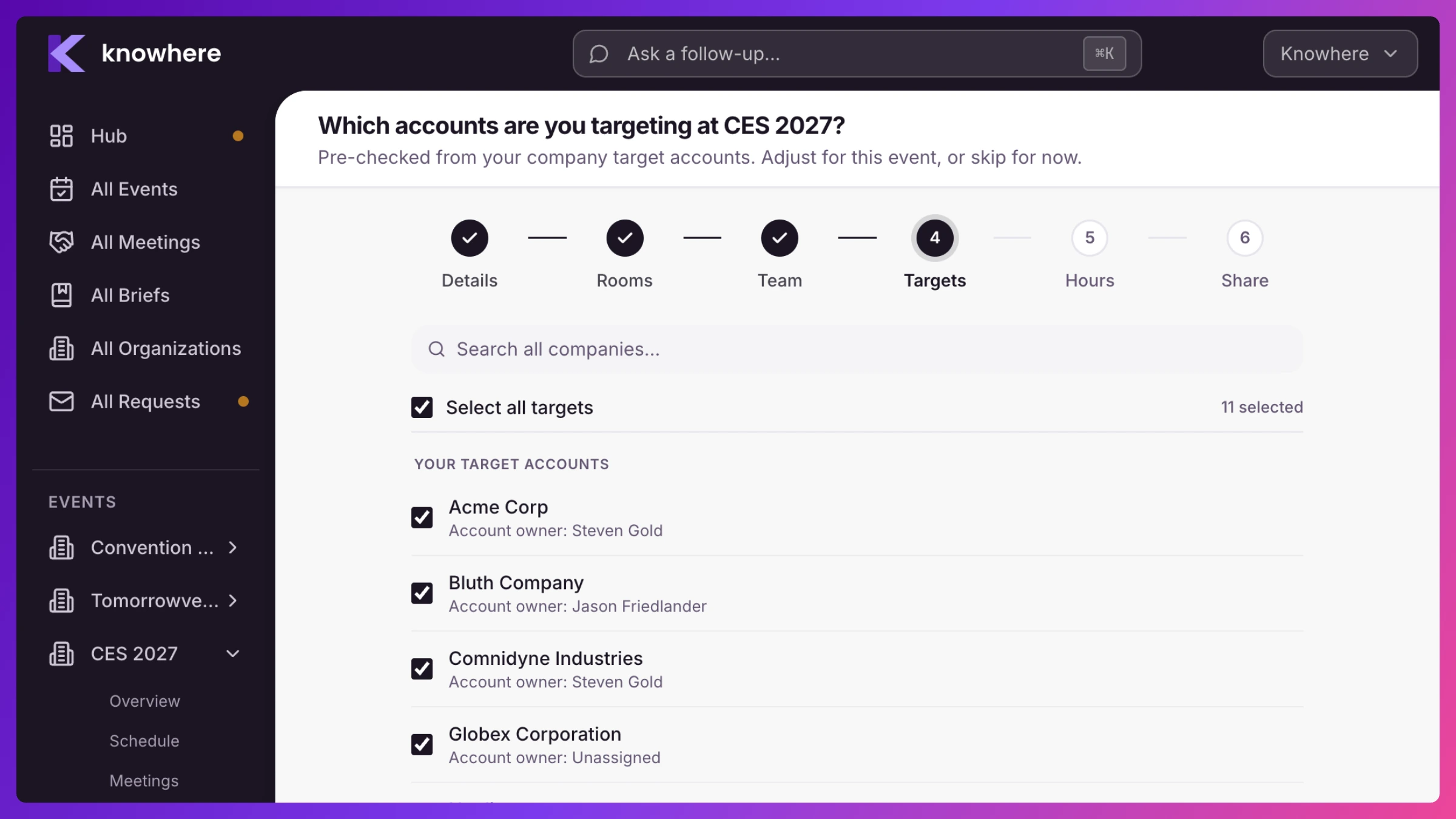 The event's Targets step showing company target accounts pre-checked in a per-event picker