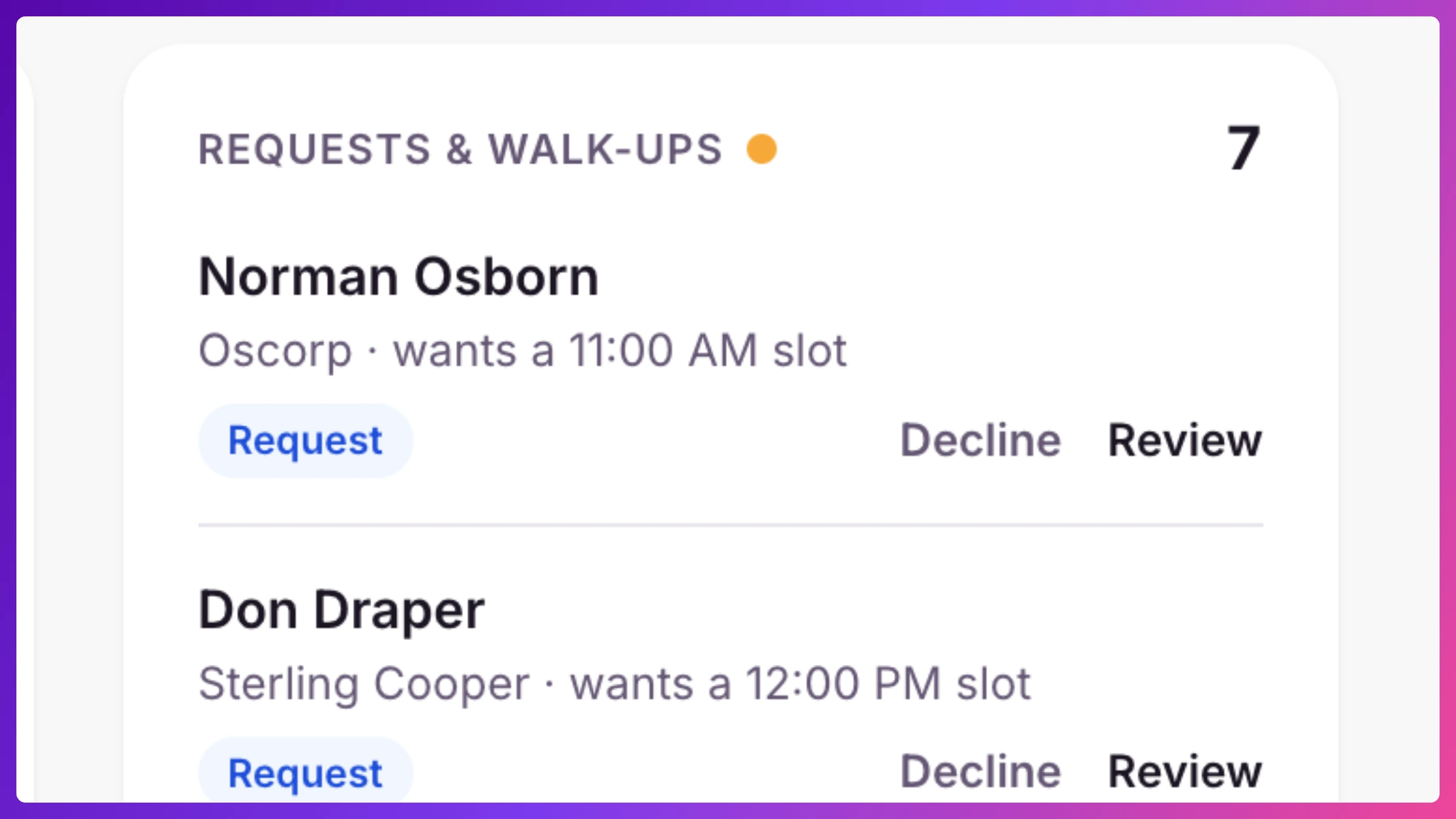 Event Overview Requests & Walk-ups widget showing live incoming requests and kiosk walk-ups with wait time