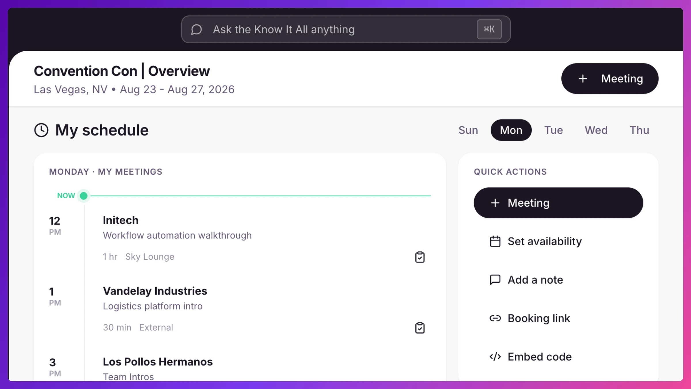 Team member's day-of event view with a countdown, pinned announcement, and logistics cards