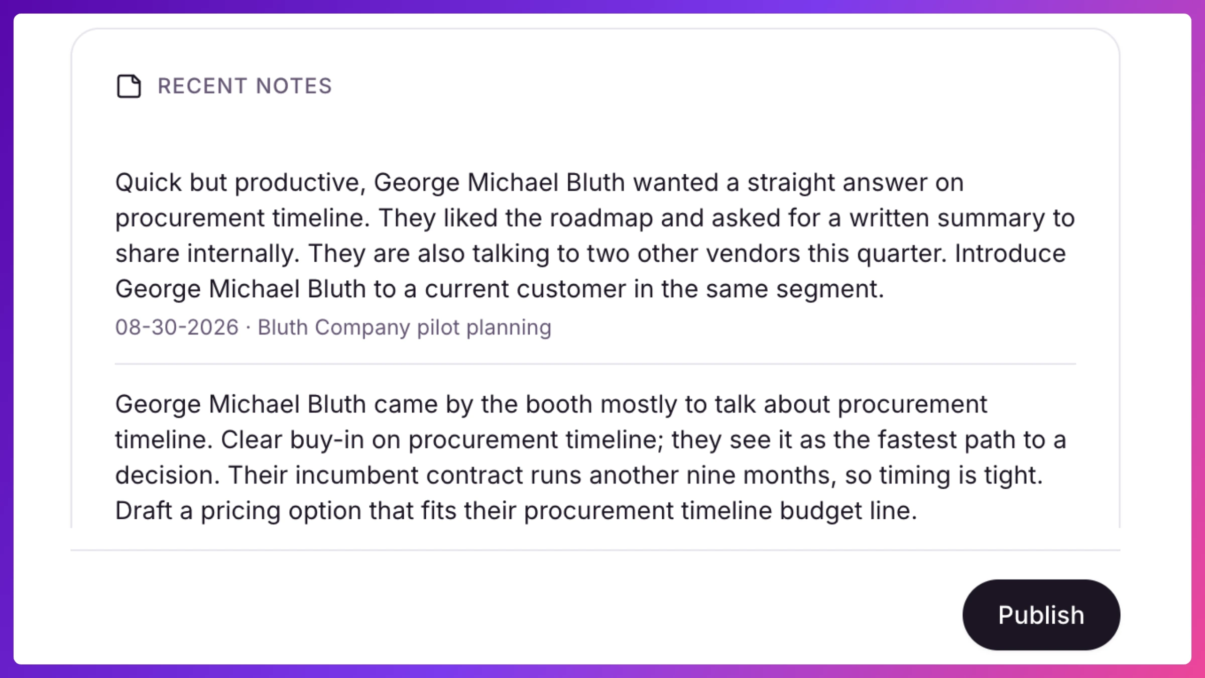 A Brief in Draft status showing deal-status fields, relationship pulse, an editable talking-points list, and a recent-notes timeline