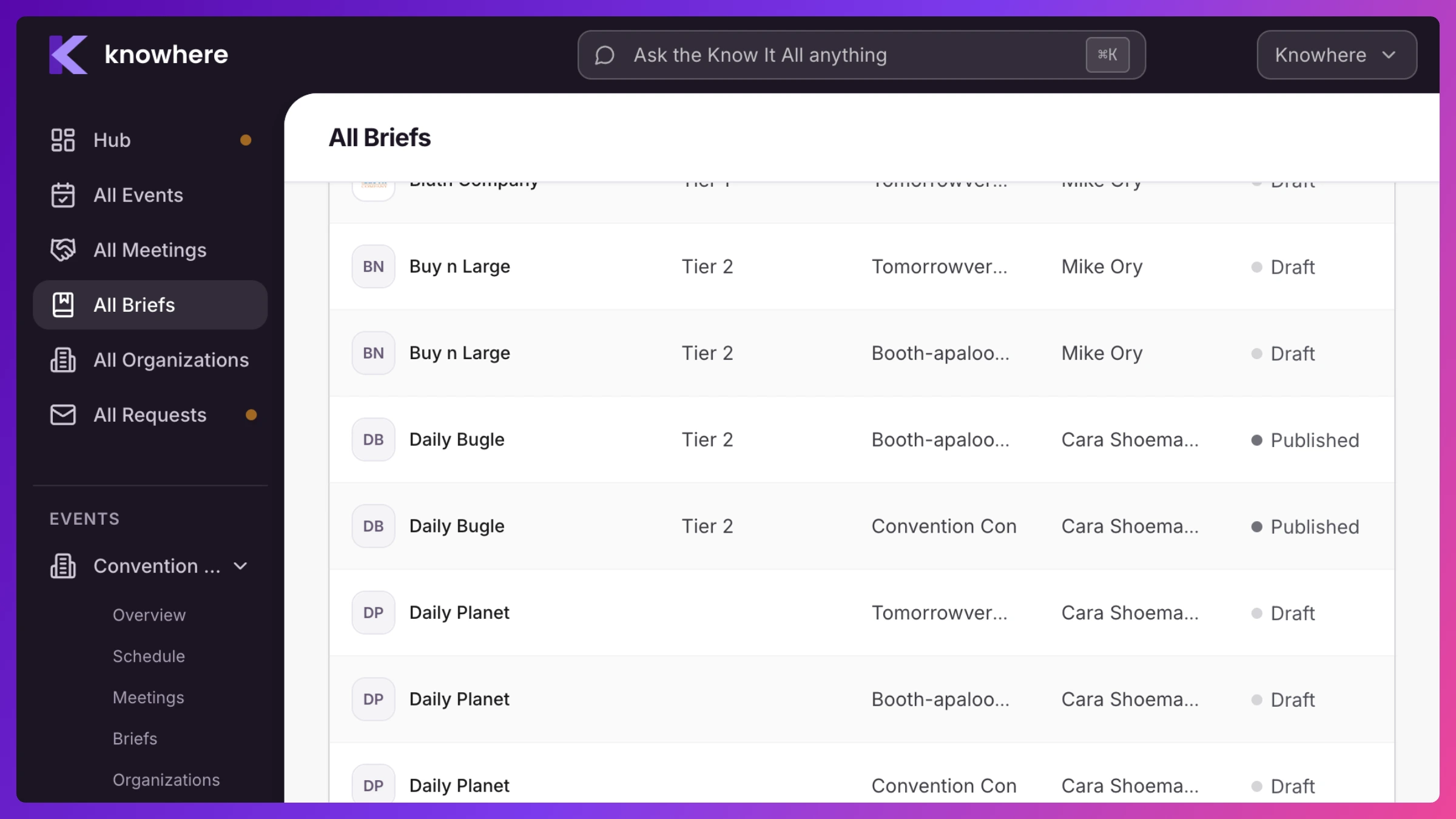 All Briefs page showing the event picker, search, filter chips, and a needs-publishing banner