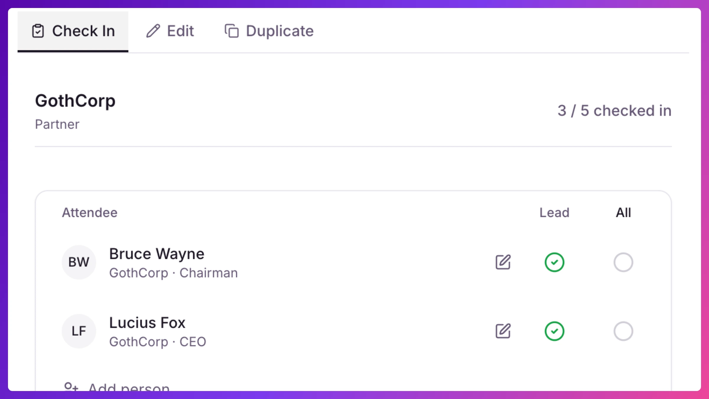Meeting sheet's Check-In tab showing the roster, present/absent toggles, a checked-in counter, and a star-a-lead icon