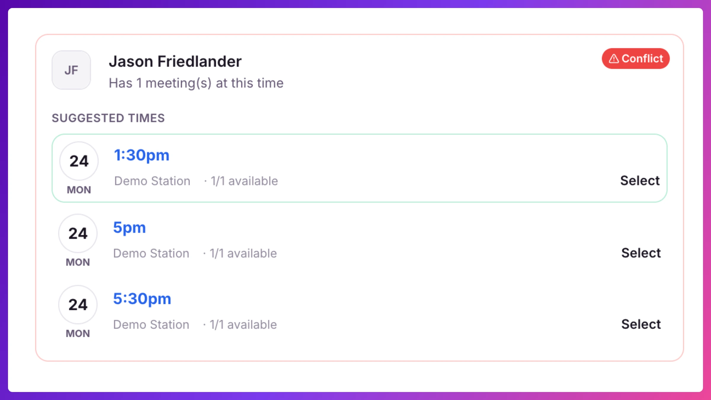 Meeting form's live conflict alert naming the double-booked rep and room, with suggested alternate times