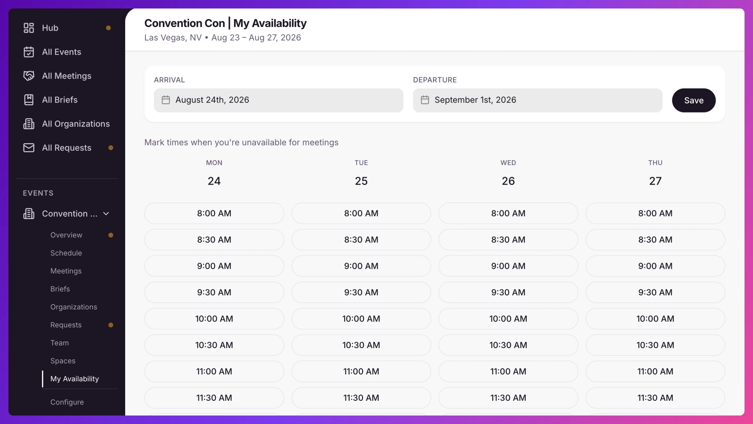 My Availability screen showing arrival and departure dates and a per-day time-slot grid