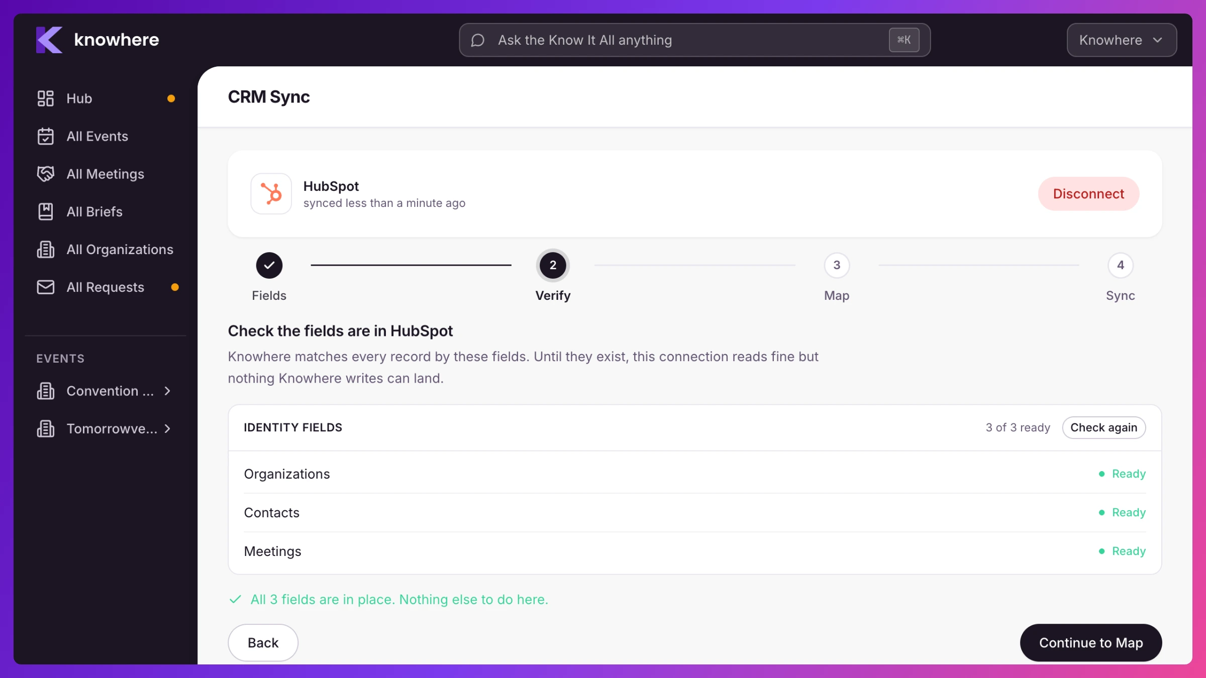 Verify step showing per-object status chips and a Copy message for your admin button