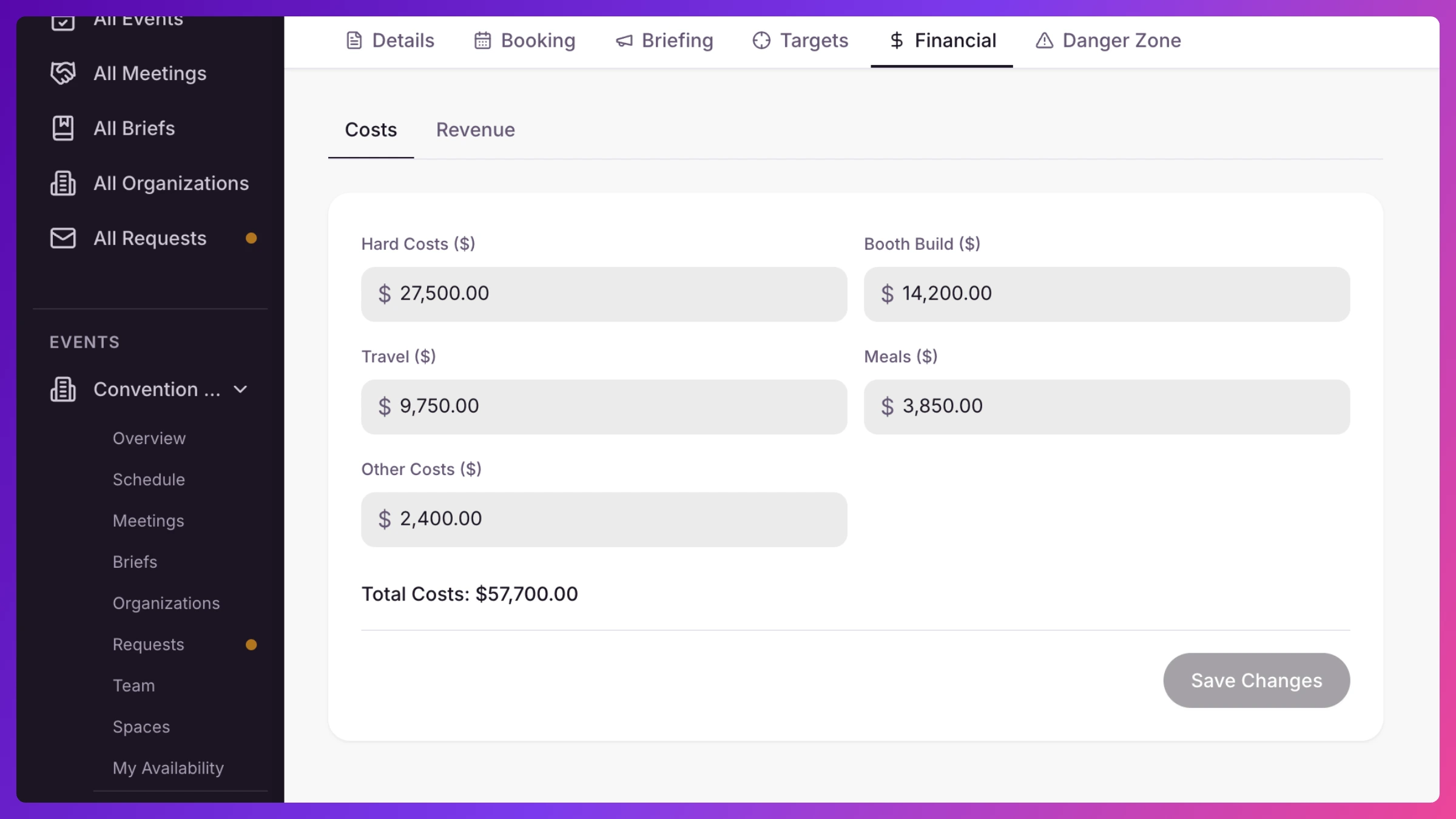 Configure → Financial tab, Costs sub-tab, showing Hard costs, Booth build, Travel, Meals, and Other line items with a running Total costs