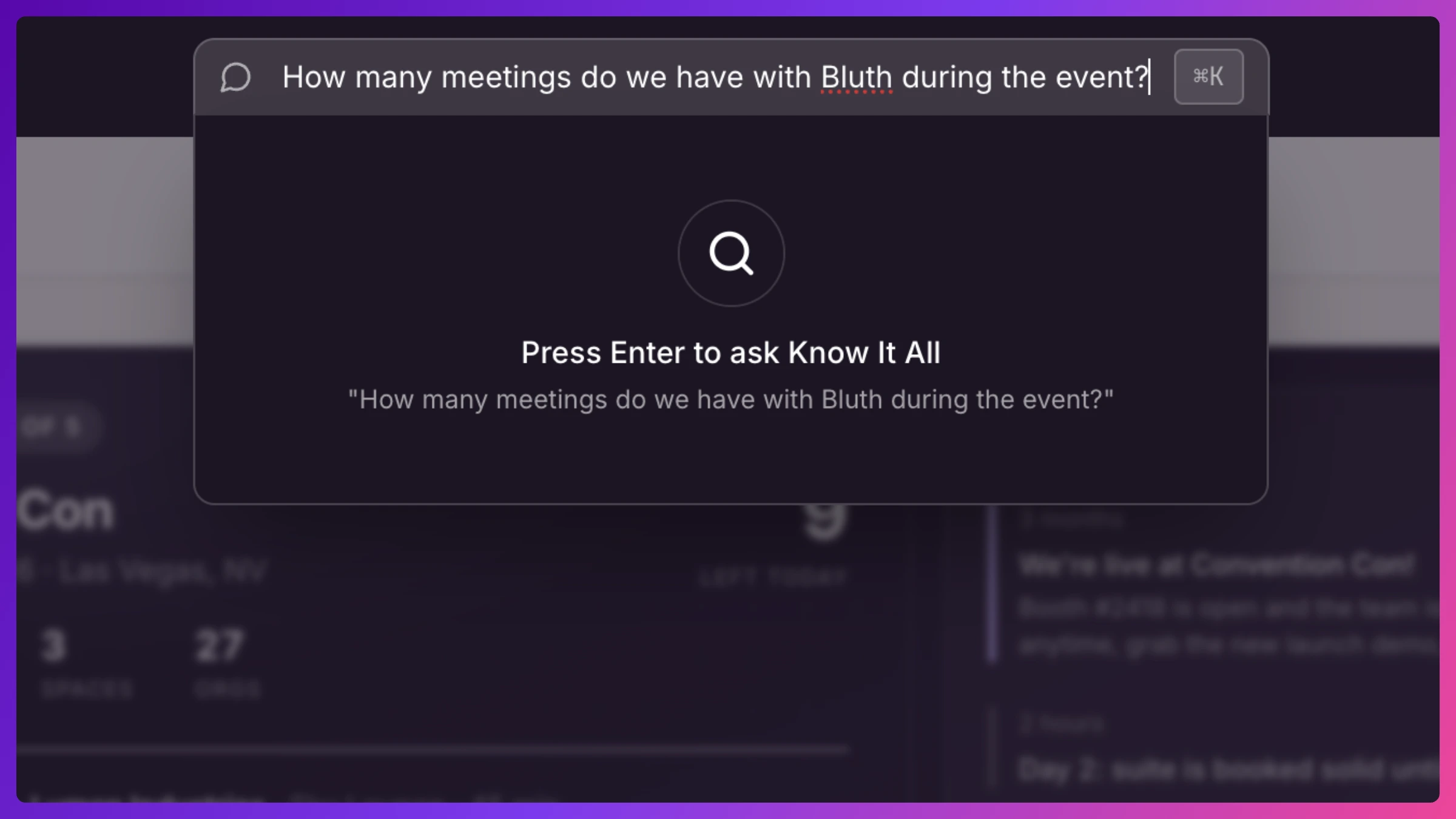 Know It All search box open with a typed question