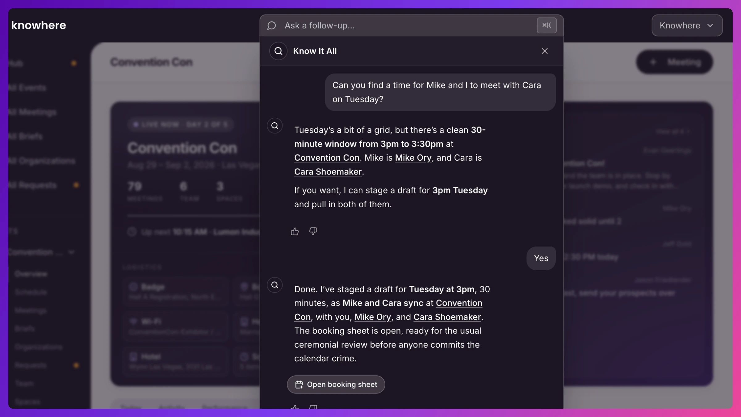 Know It All's booking-draft response with an Open booking sheet button