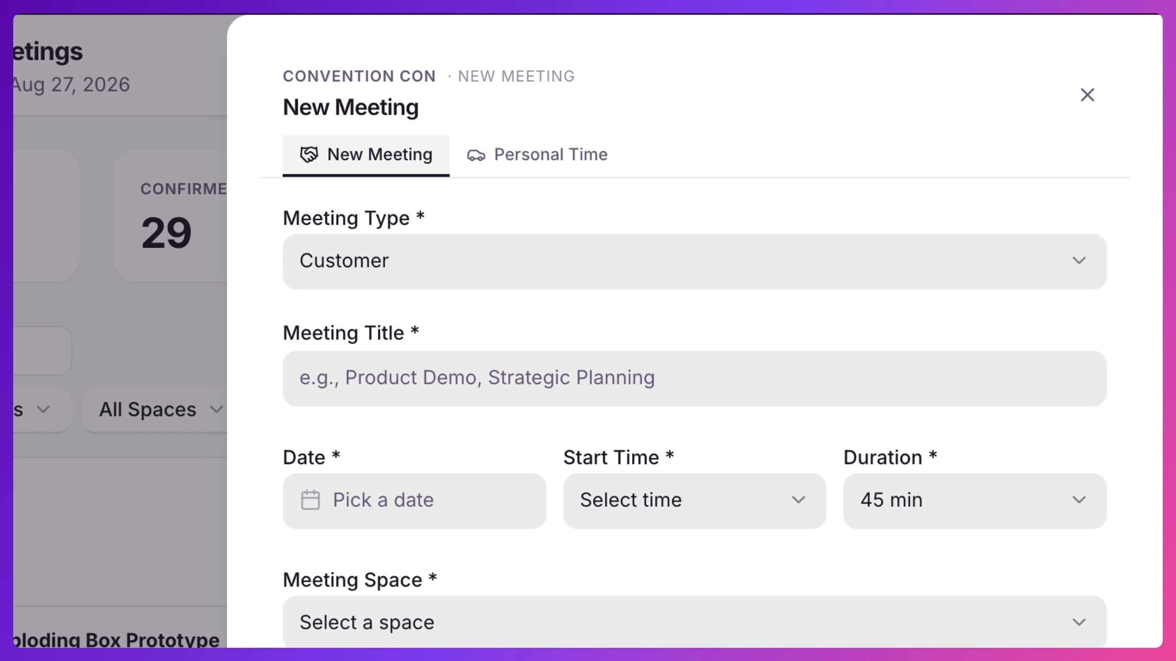 New Meeting panel showing the basics fields, Space picker, internal attendee picker, and customer organization/contact picker