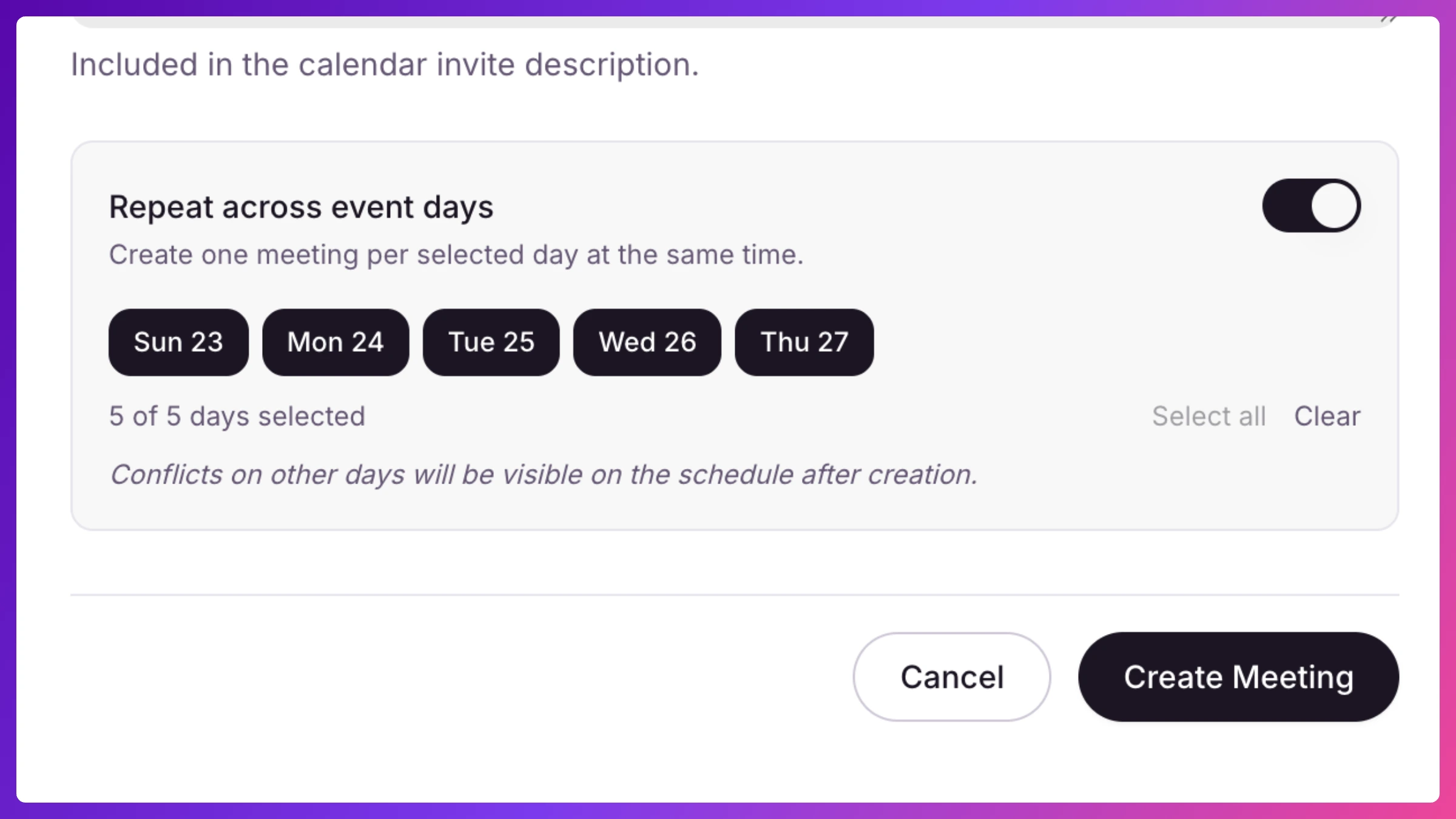 New Meeting panel with Repeat across event days toggled on and the day picker expanded