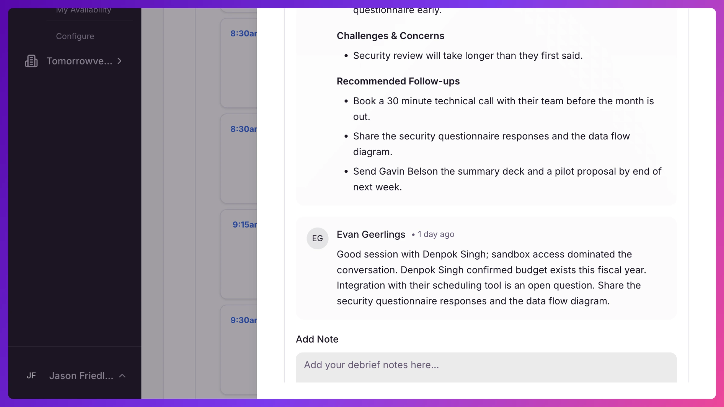 Meeting Notes section showing a timestamped notes list with an @mention highlighted