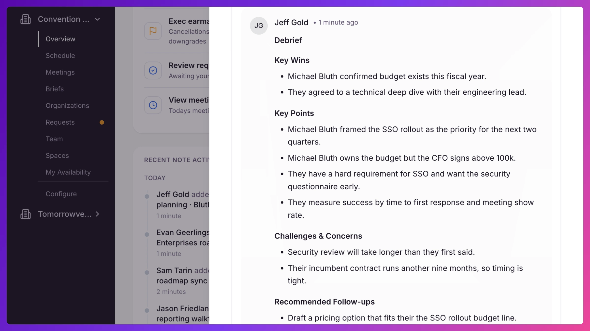 Generate Debrief button and the resulting structured Debrief with Key Wins, Key Points, Challenges & Concerns, and Recommended Follow-ups