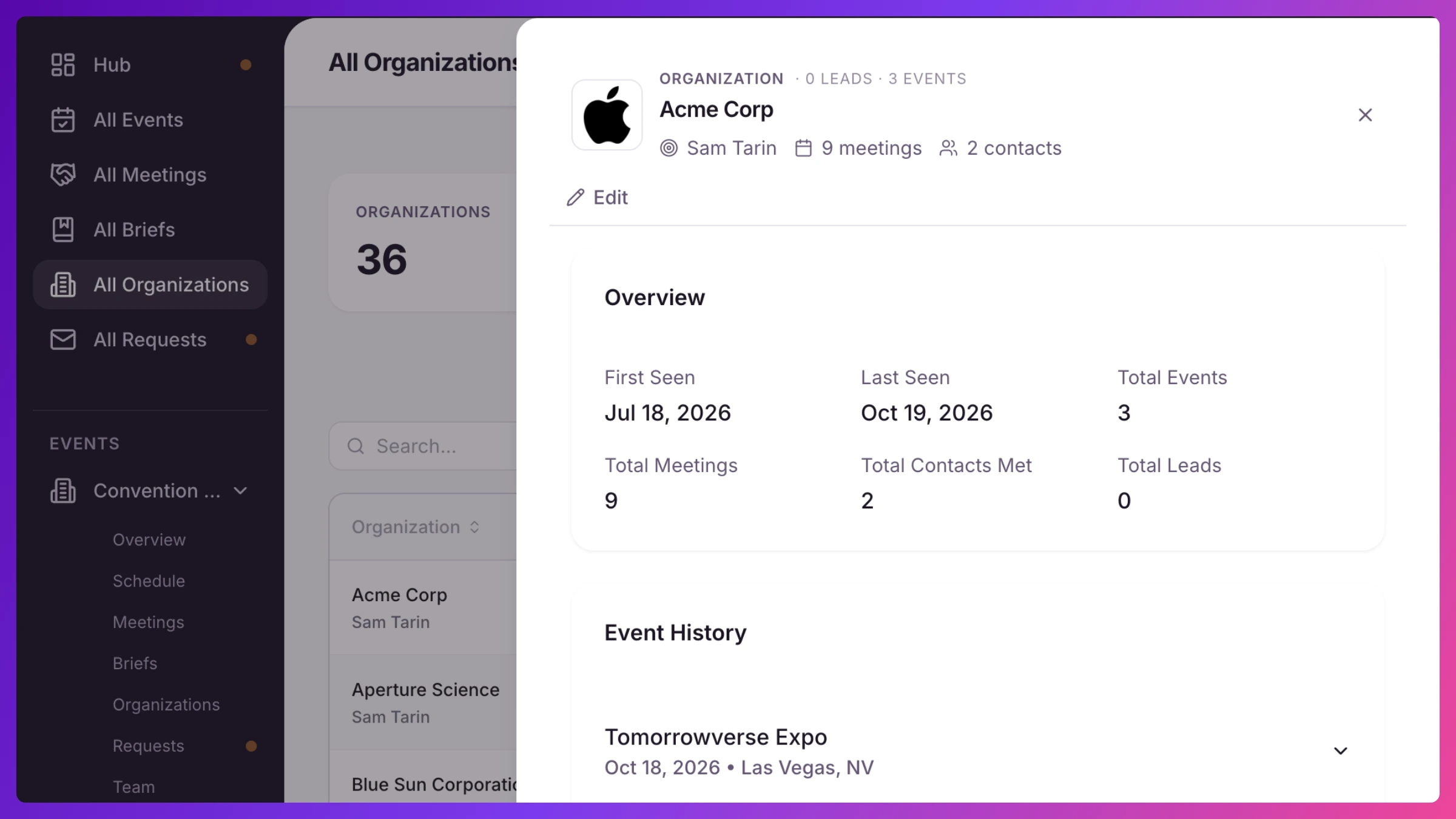 Organization profile showing relationship totals, an event-by-event meeting history, and a contacts table