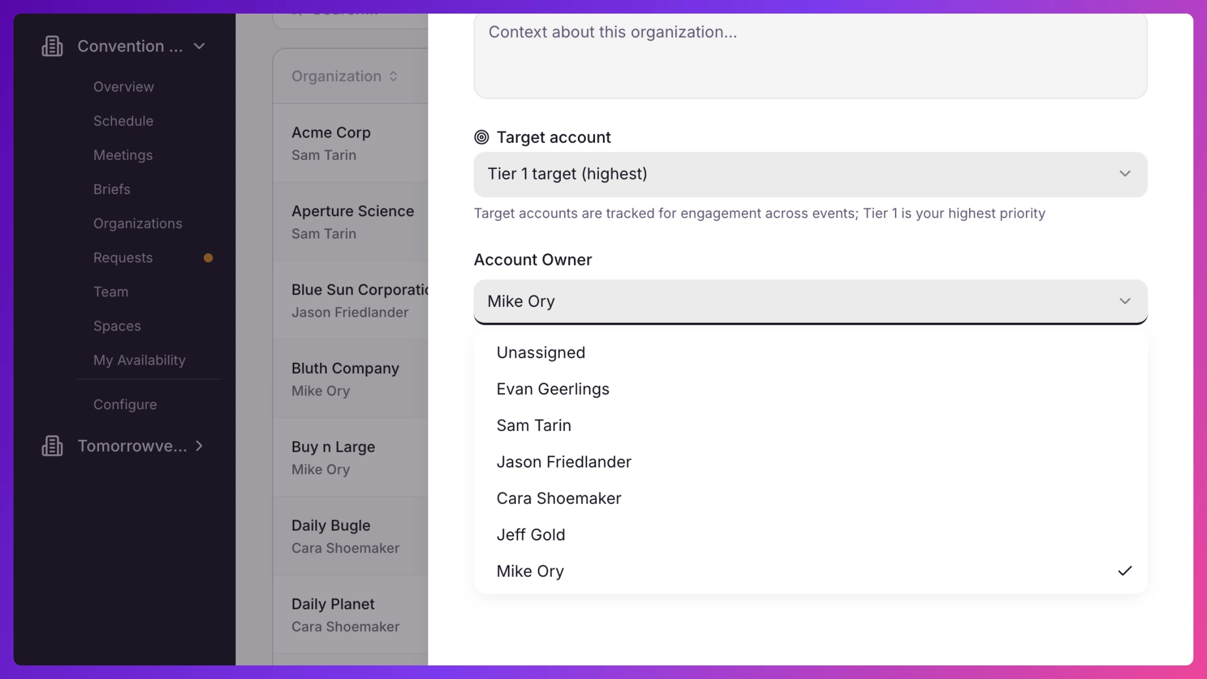 Add/Edit Organization panel showing the target-account tier picker with Not a target, Tier 1, and Tier 2 options
