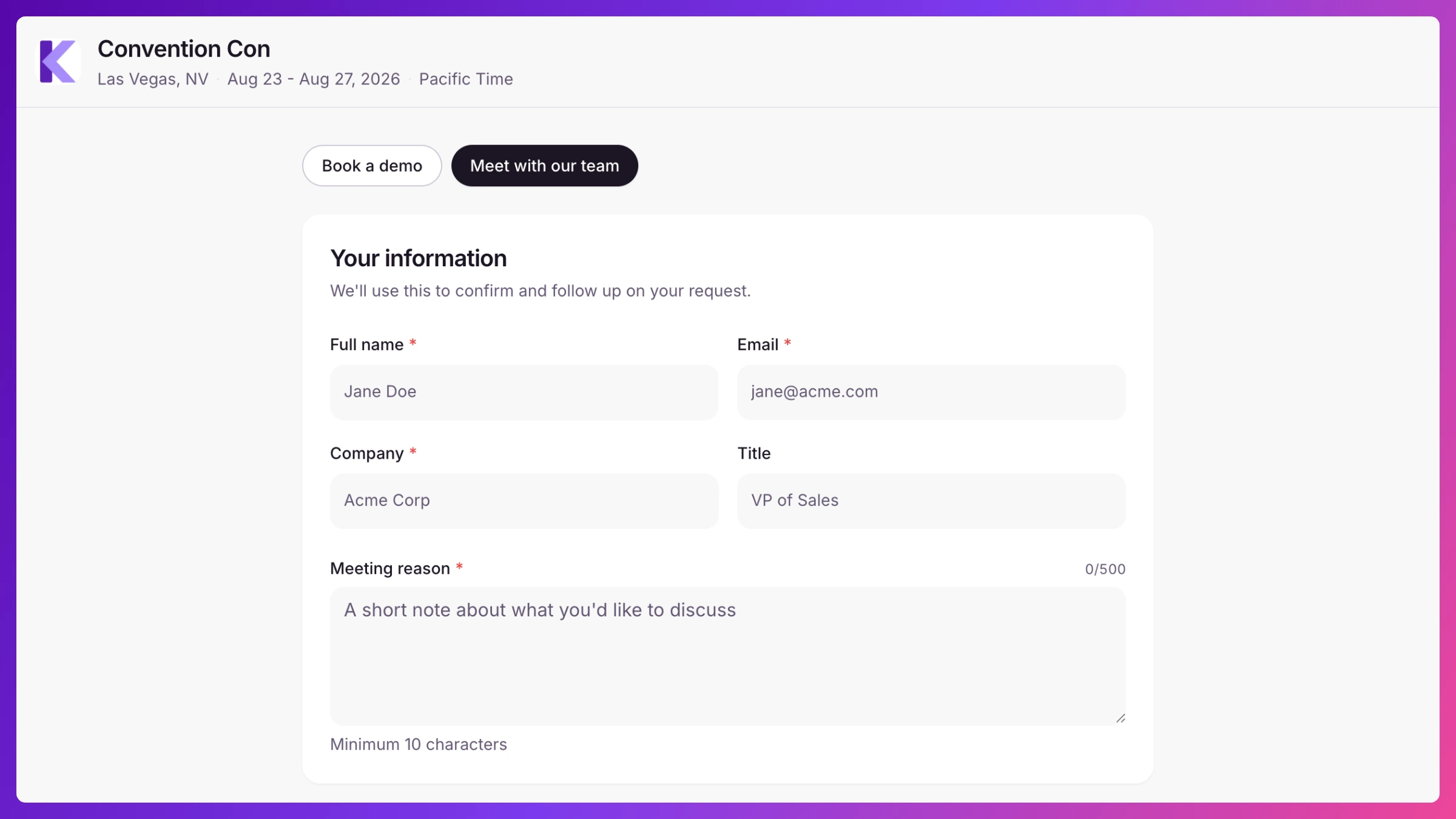 Public event booking page with branded header, event dates and location, and a date/time picker