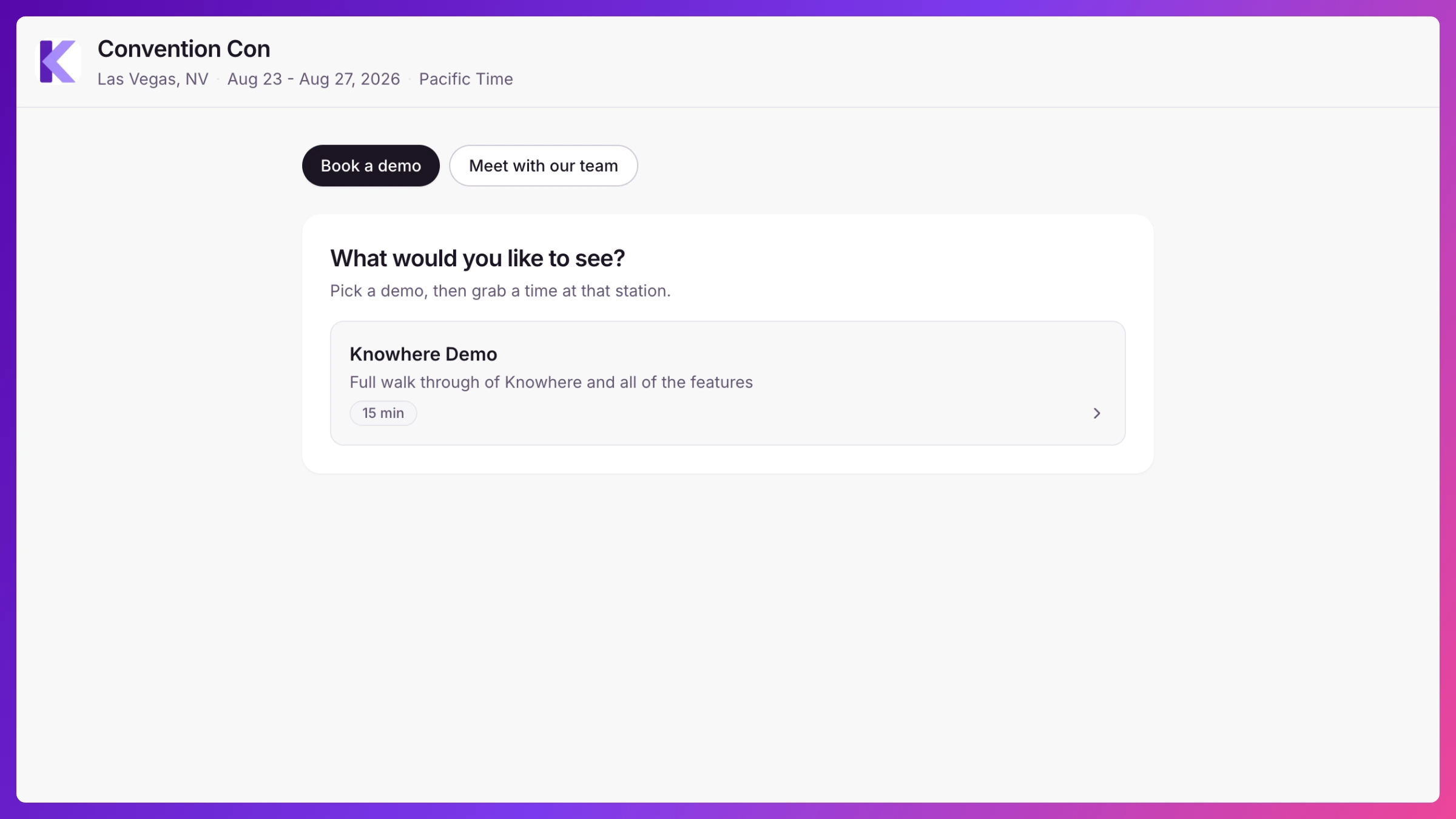 Public booking page in demo mode showing the Book a demo choice, a list of demo topics, and a slot grid