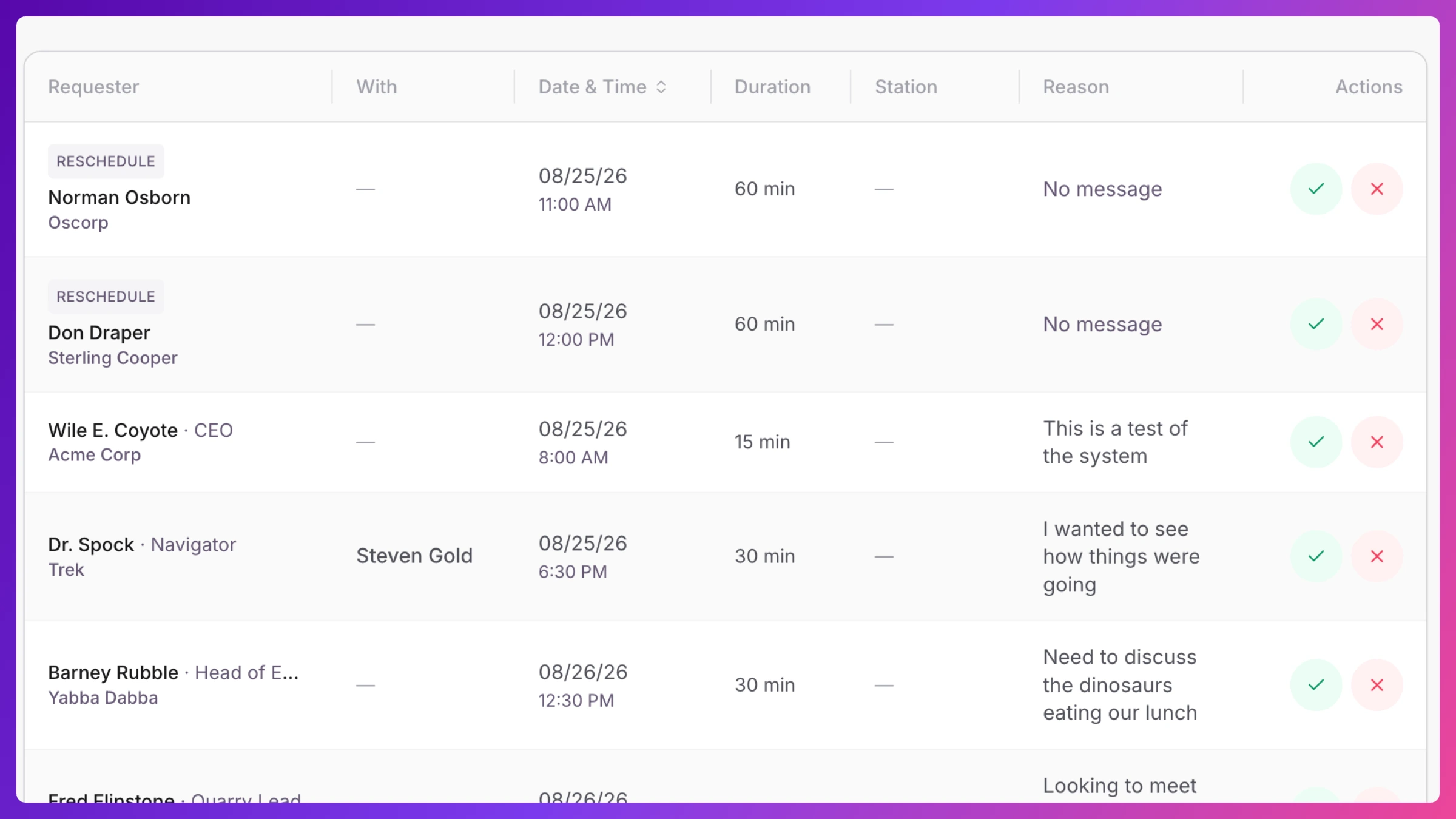 Requests tab showing Pending, Approved, and Declined sub-tabs with a Reschedule-tagged row