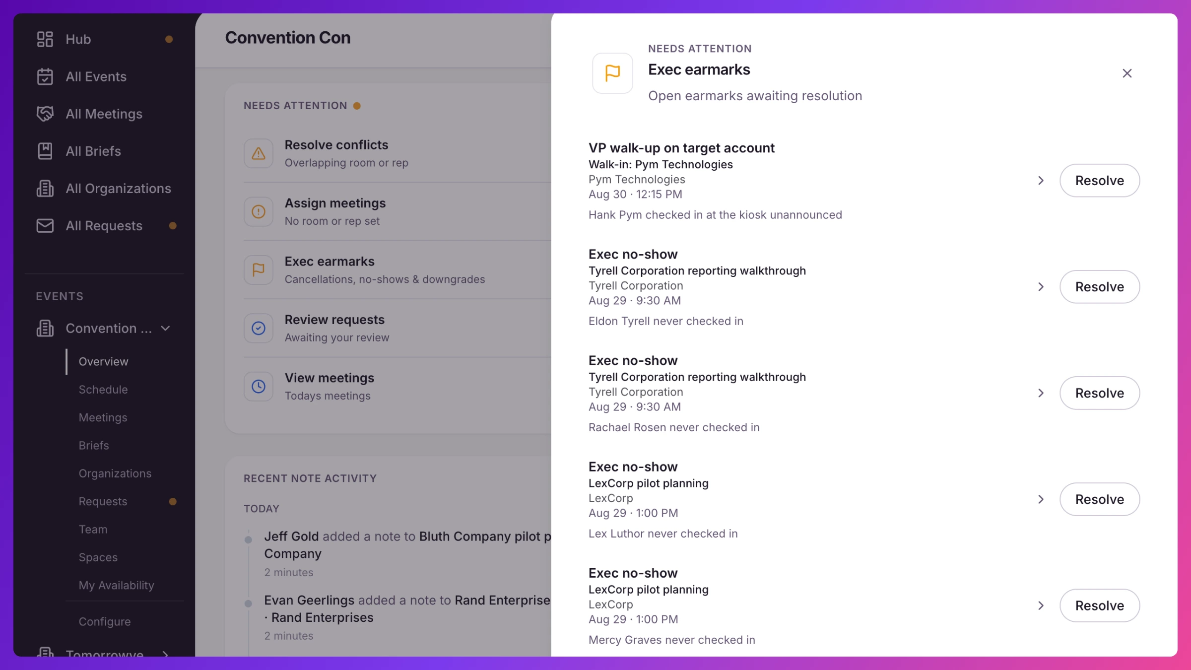 Exec earmarks list with a resolve-with-a-note dialog open