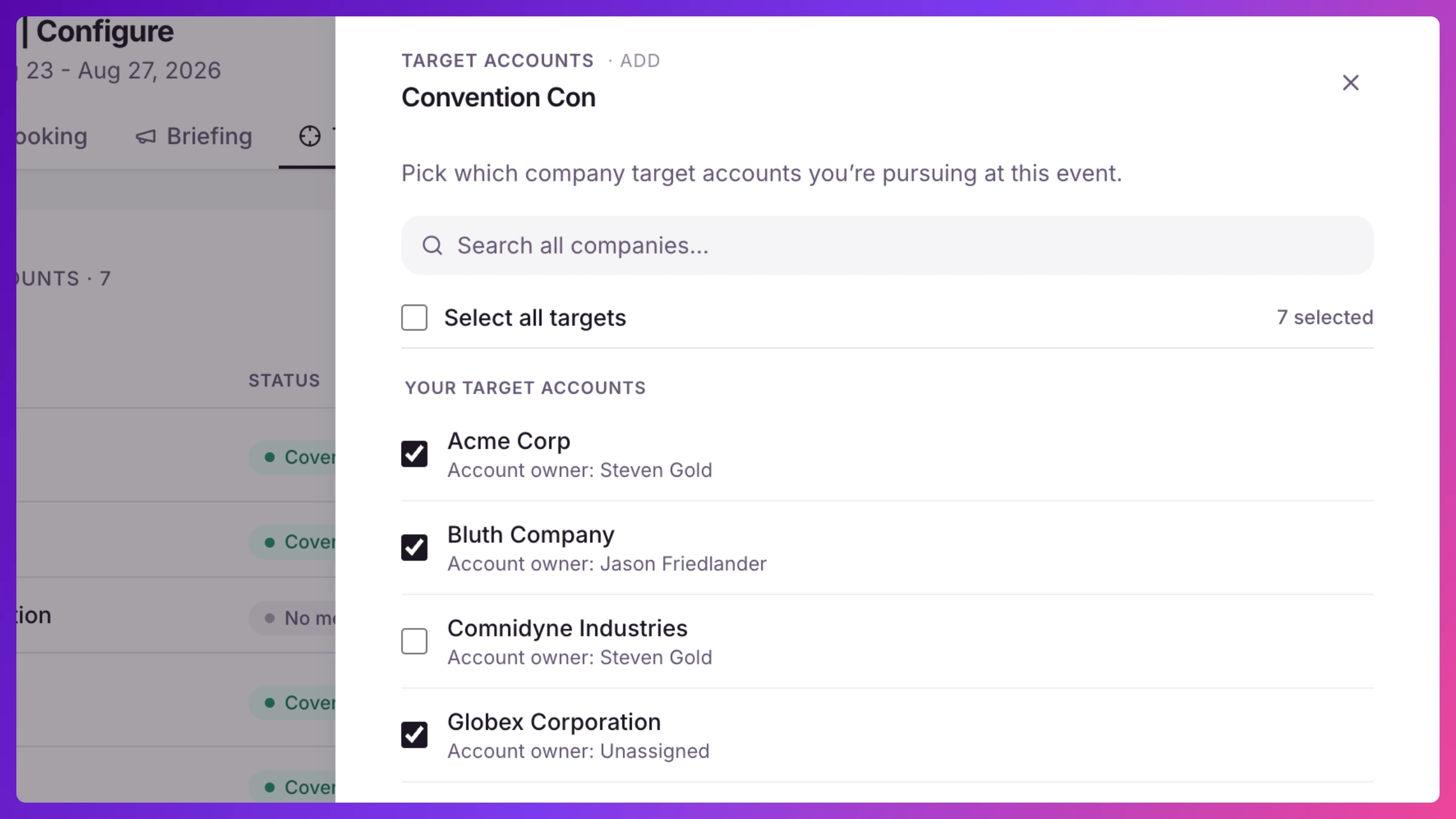 Assign target accounts panel showing a searchable checklist of organizations