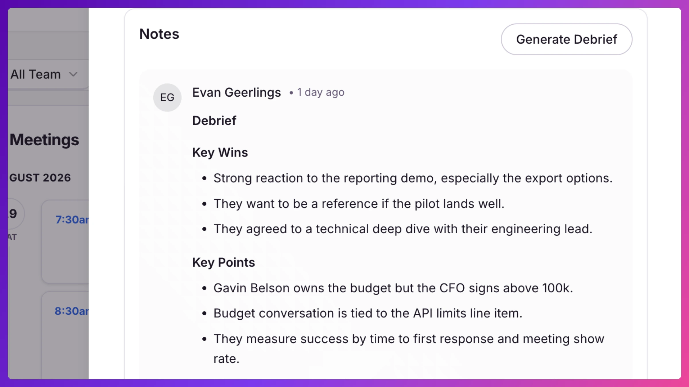 Meeting Notes section showing a notes list with an @mention and the Add Note box