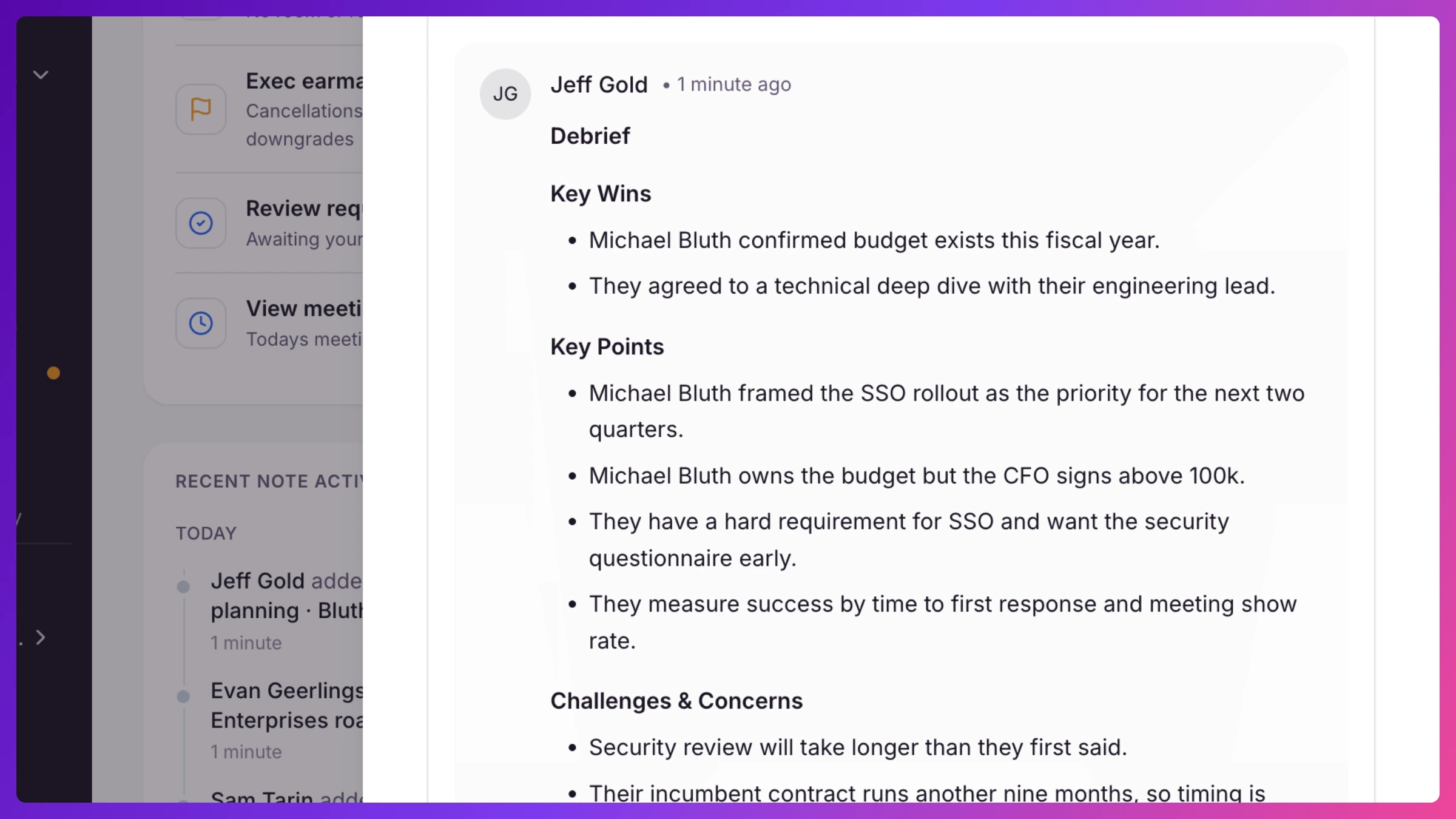 Generated Debrief showing Key Wins, Key Points, Challenges & Concerns, and Recommended Follow-ups with a copy icon