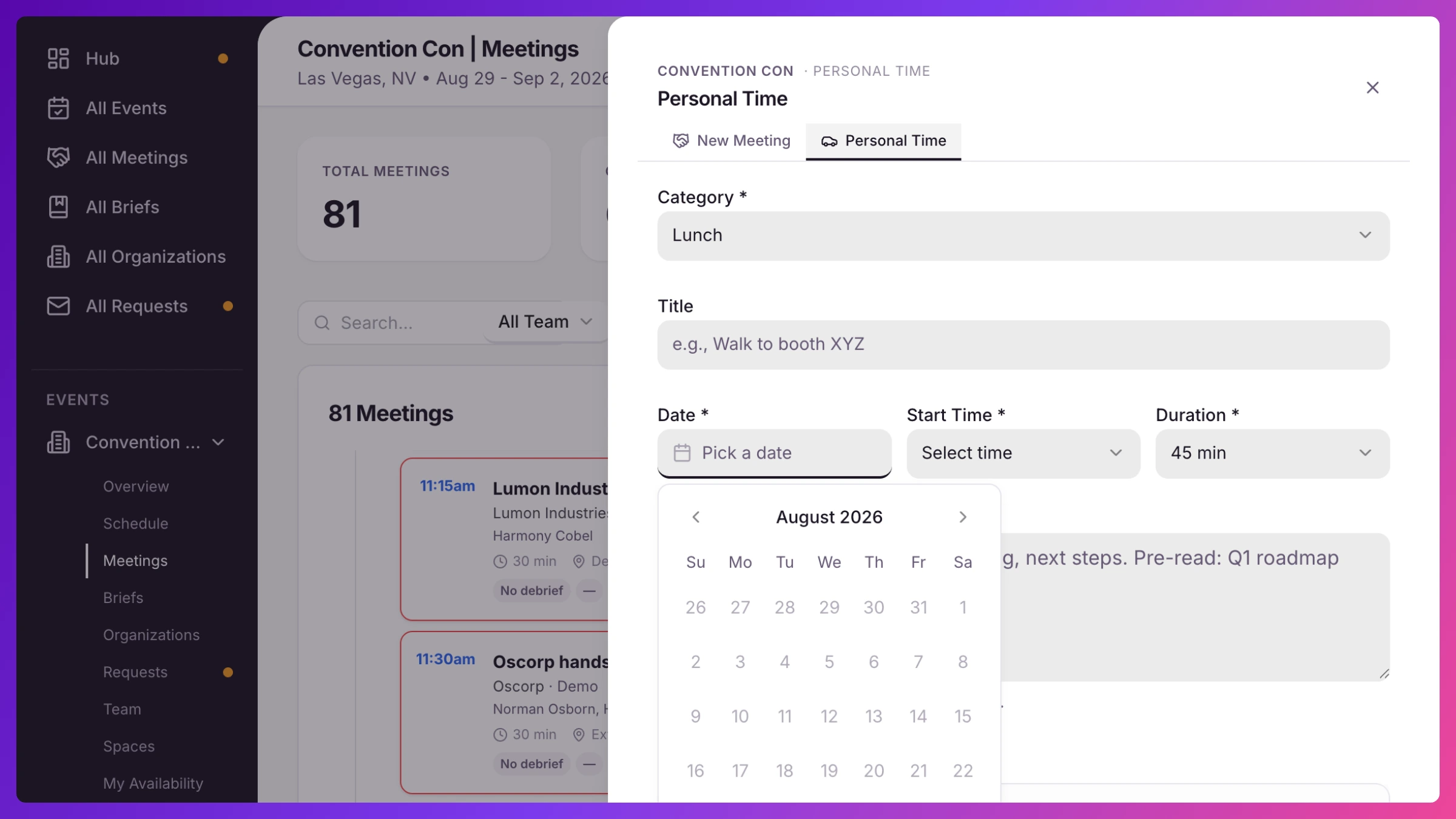 Meeting panel on the Personal Time tab with the Category picker and date/time fields
