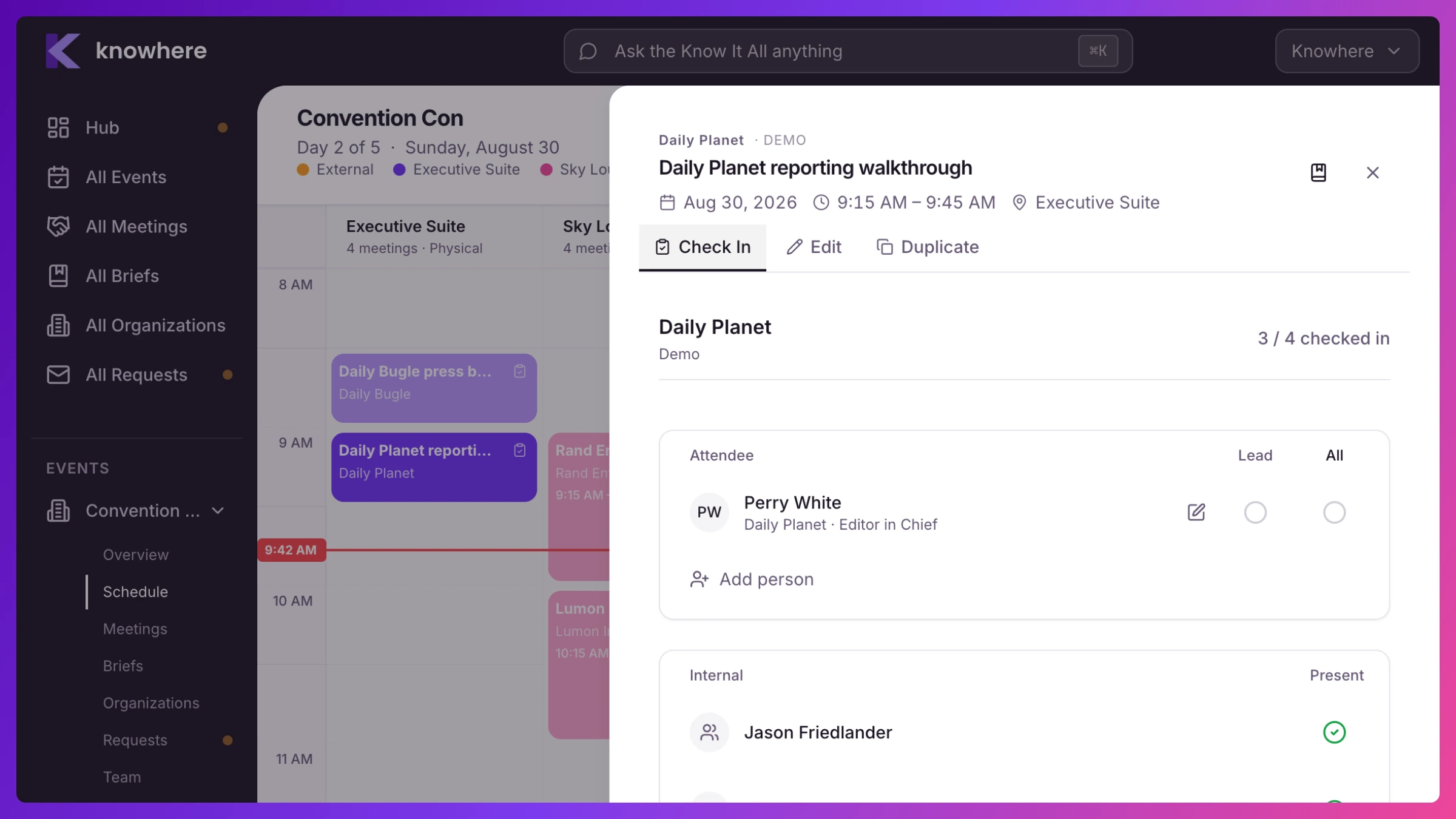 The Check-In sheet in full app context, with the dark sidebar nav, the Schedule grid behind it, and the Know It All search bar