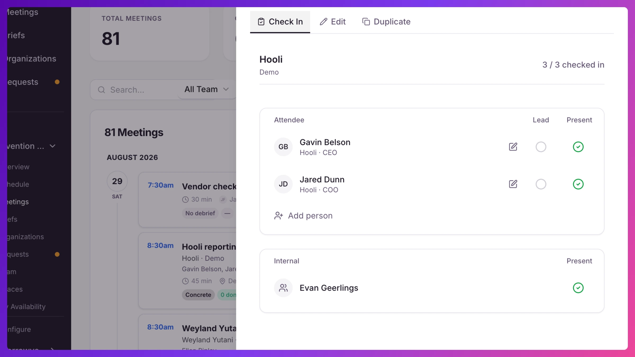 Meeting Check-In tab showing present/absent toggles, a checked-in counter, and the Add walk-in button