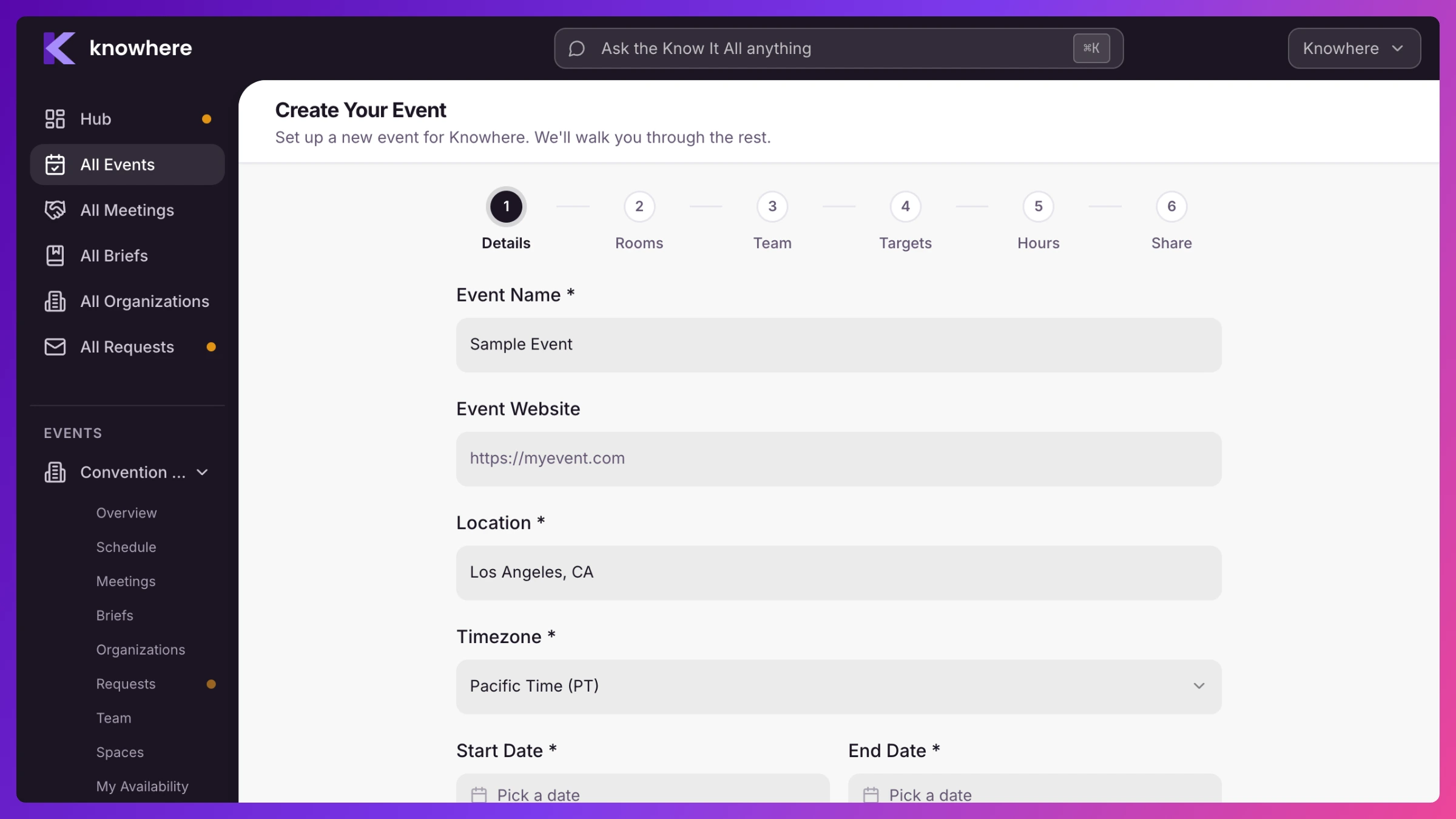 Event wizard Details step showing Event Name, Location, Timezone, and Start/End Date fields