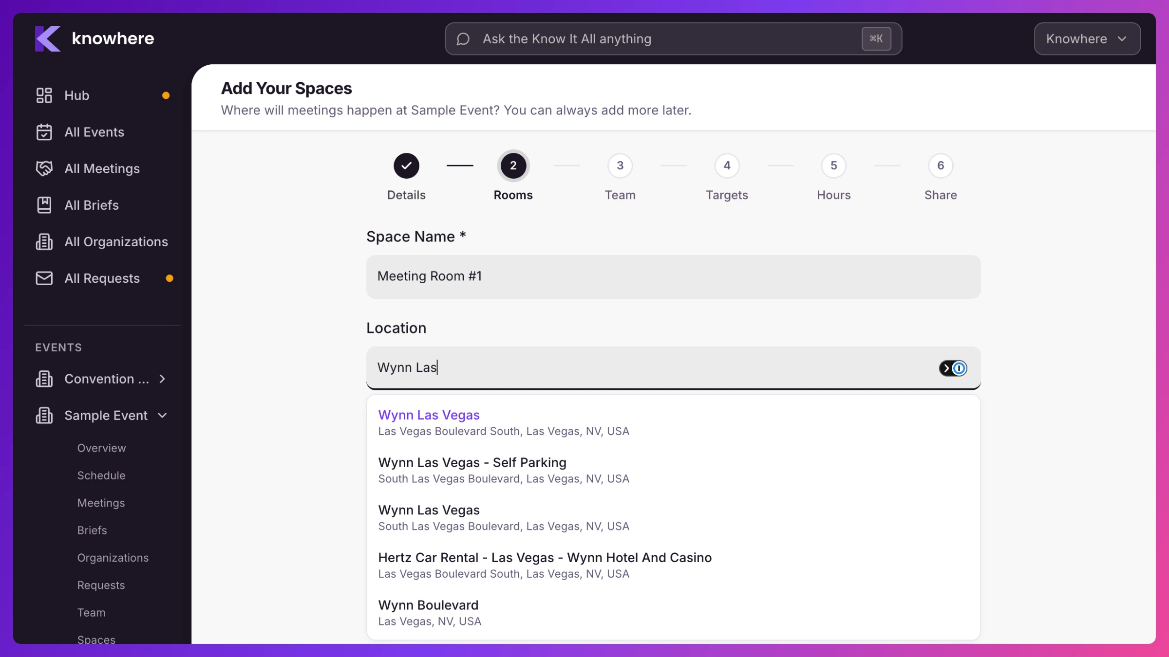 Event wizard Rooms step with several Spaces added, one showing the Bookable demo station toggle on