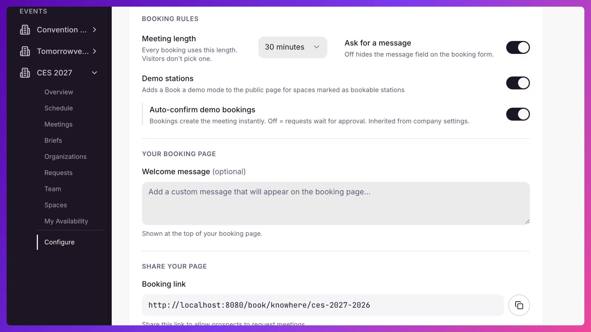 Event wizard Share step with the public booking toggle, demo toggles, and Finish button