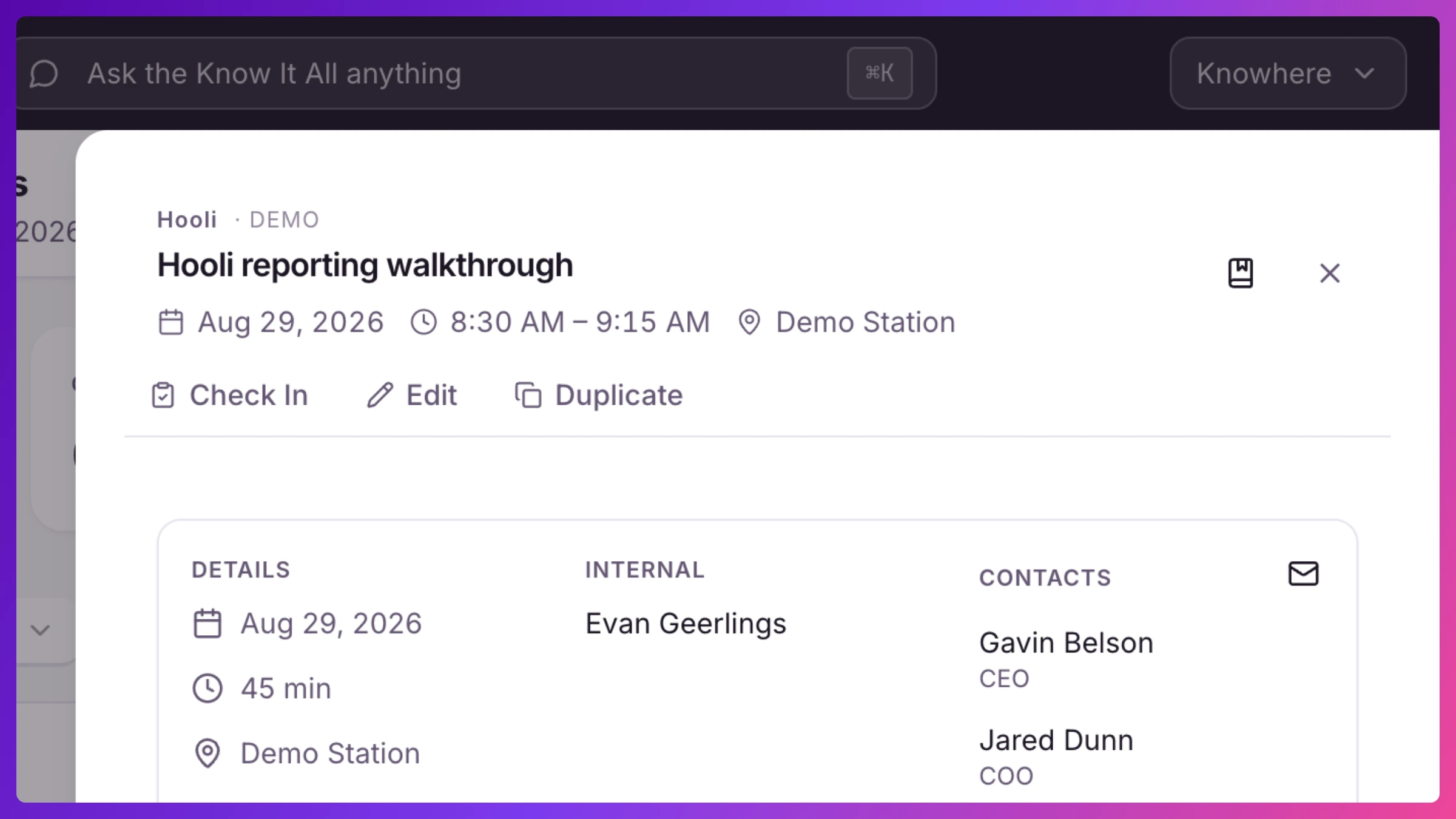 Meeting sheet in Edit mode with the action bar showing Edit, Duplicate, and Delete