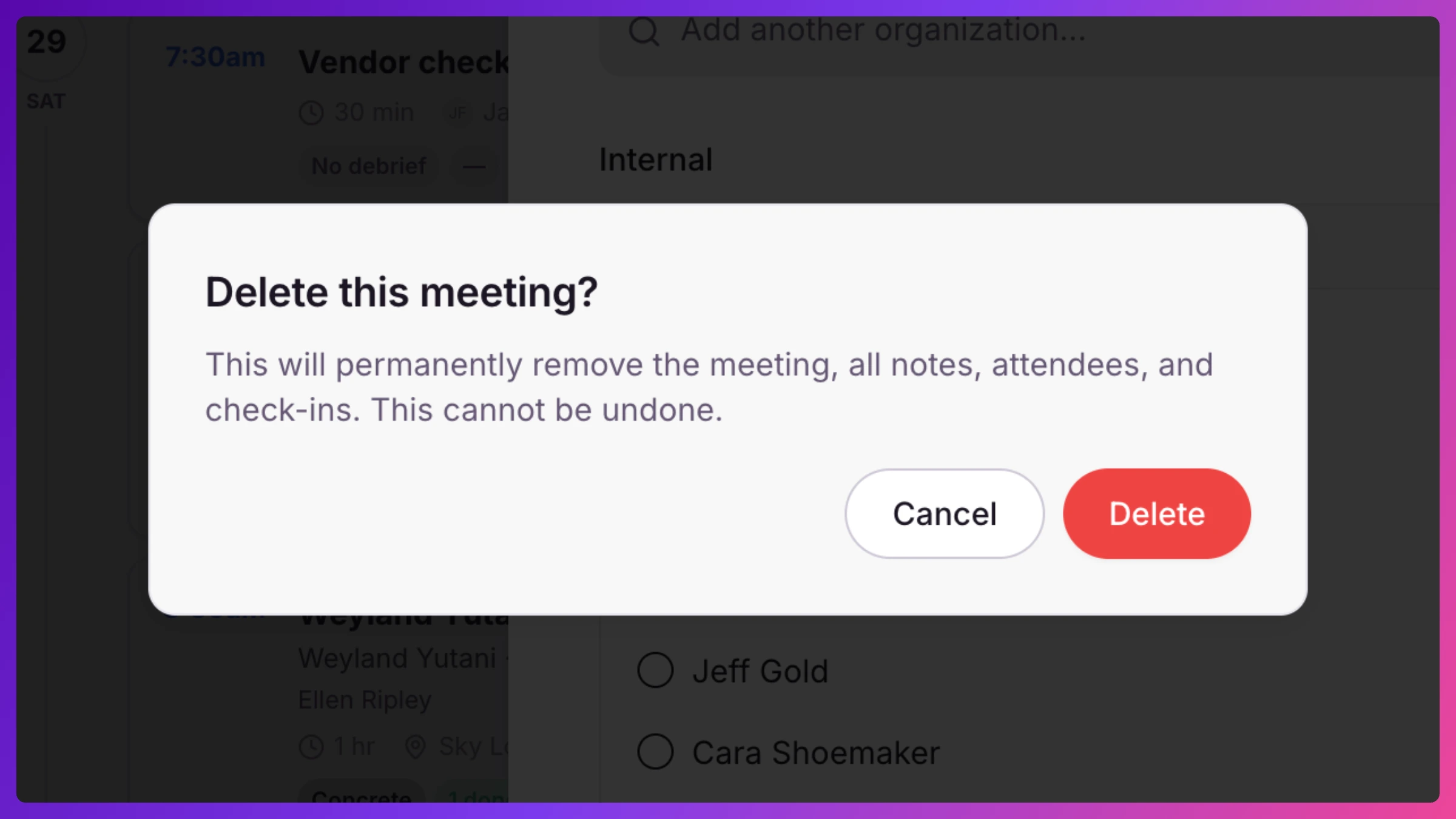 Cancel confirmation dialog offering to notify attendees or cancel without notifying