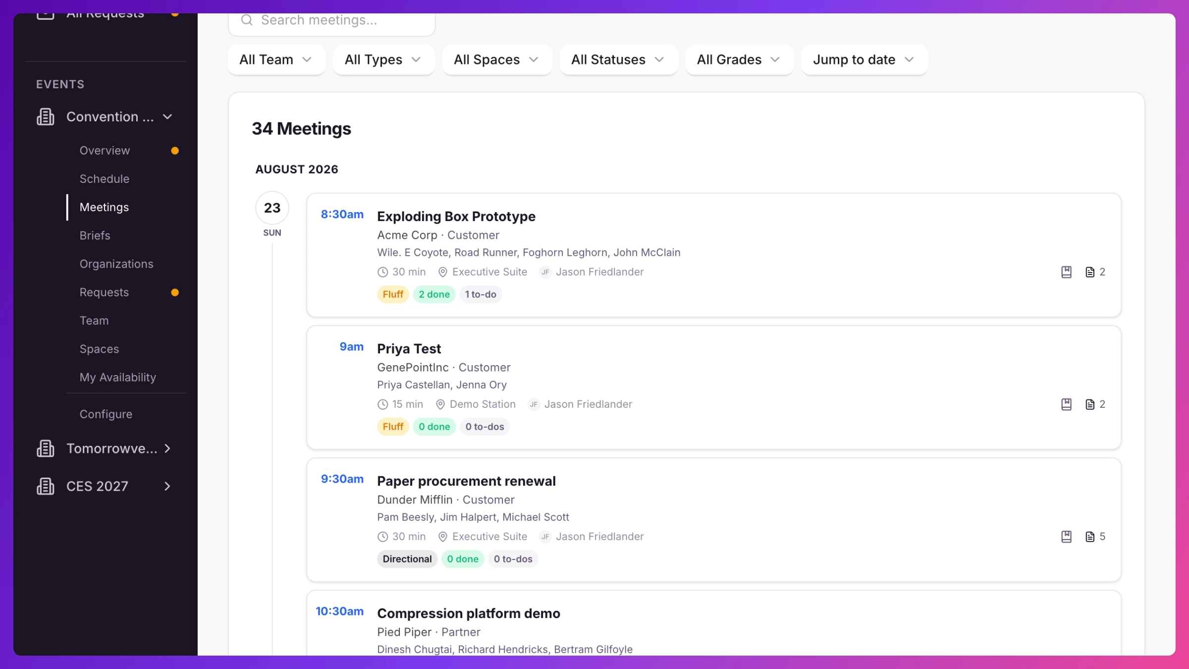 Meeting on the schedule with the outlined Hold badge and the Status dropdown open on Hold