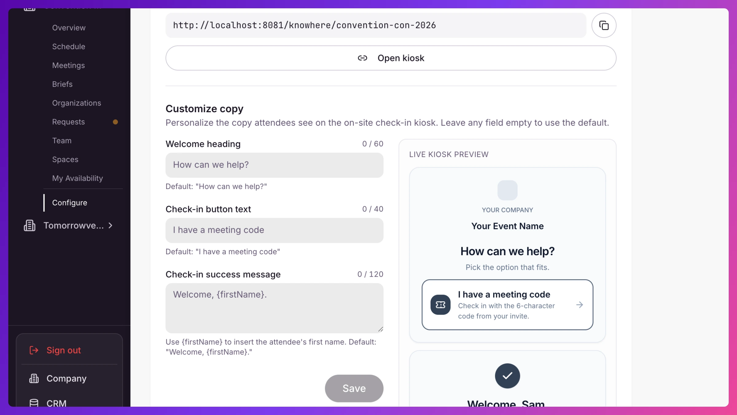 Configure, Sharing, Kiosk screen with the Enable Kiosk toggle, welcome text fields, kiosk link, and live preview