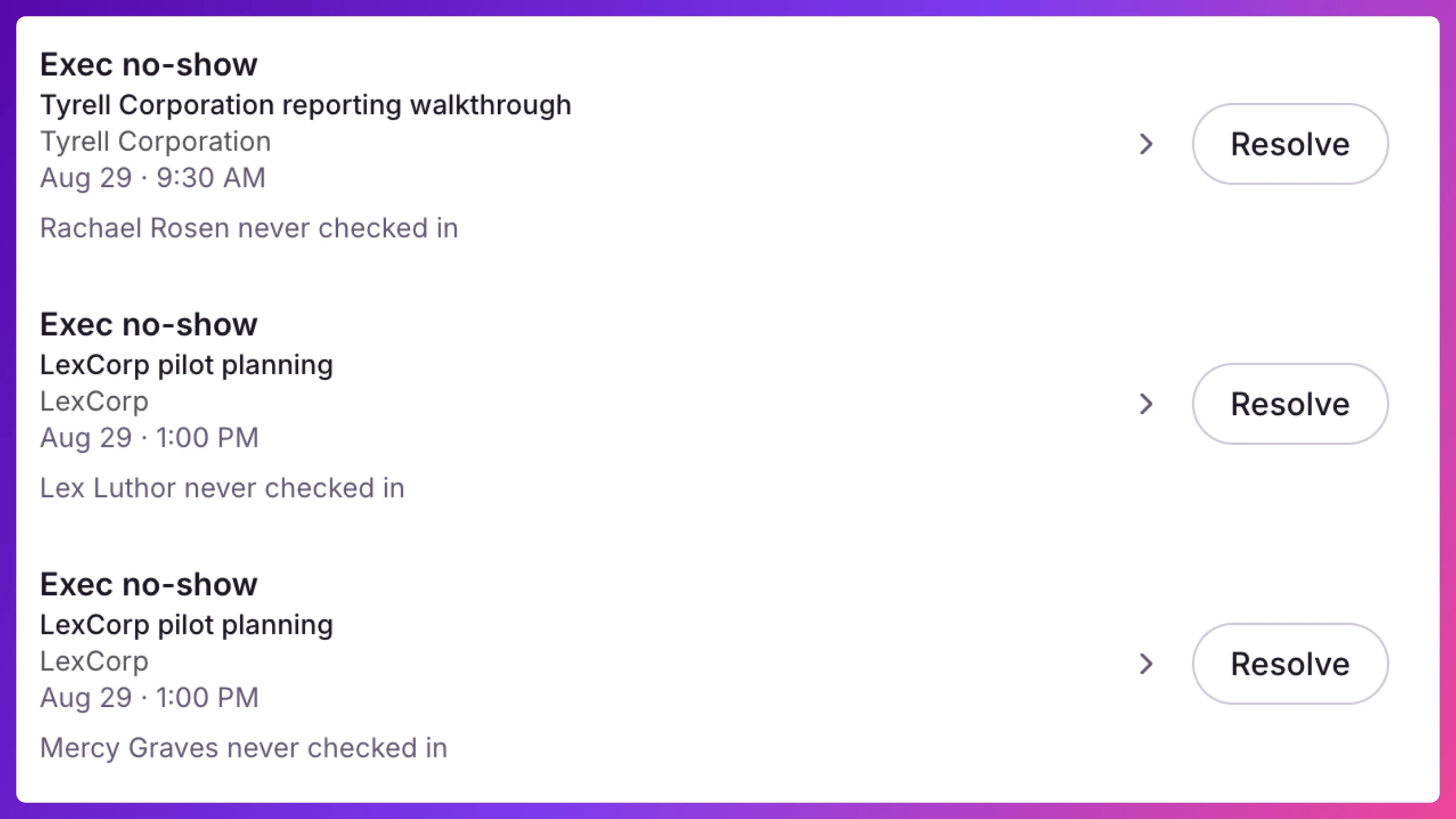 Exec earmarks list under Needs attention, with the resolve dialog open asking what happened