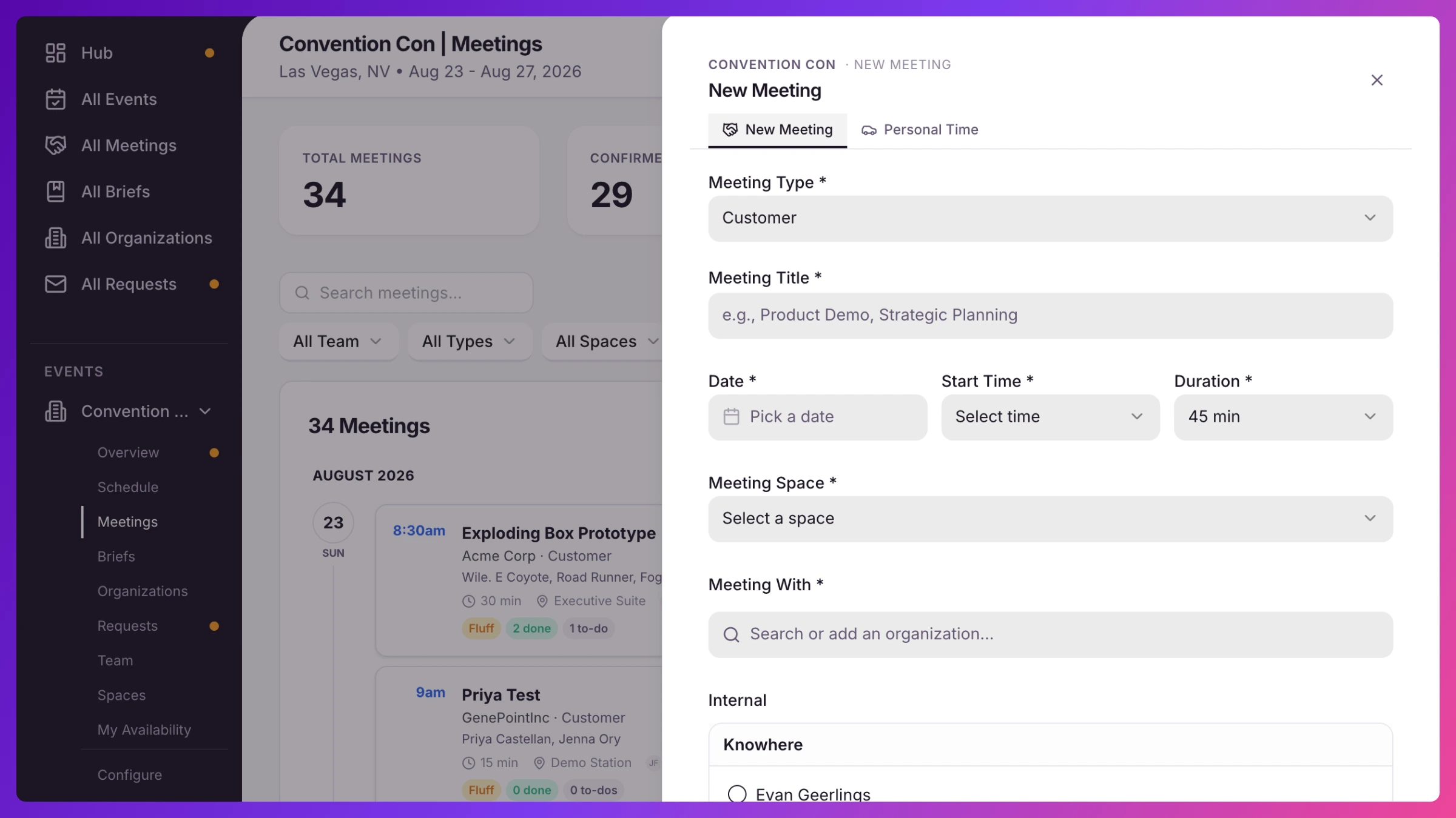New Meeting panel showing Basics, Date and time, Space, Meeting With, and Internal attendees sections