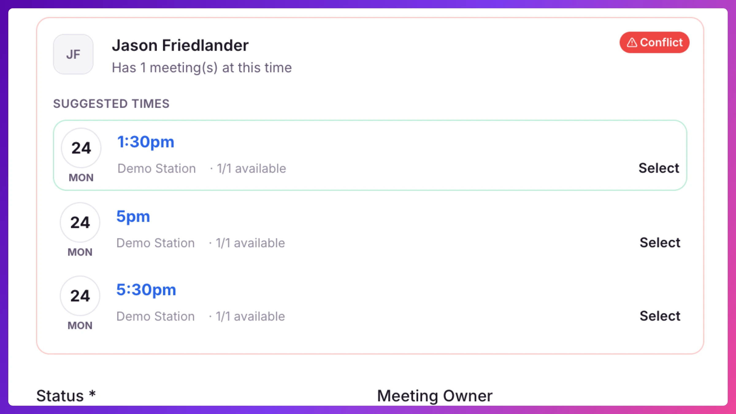 Conflict summary mid-form showing suggested times and a Schedule anyway as tentative button