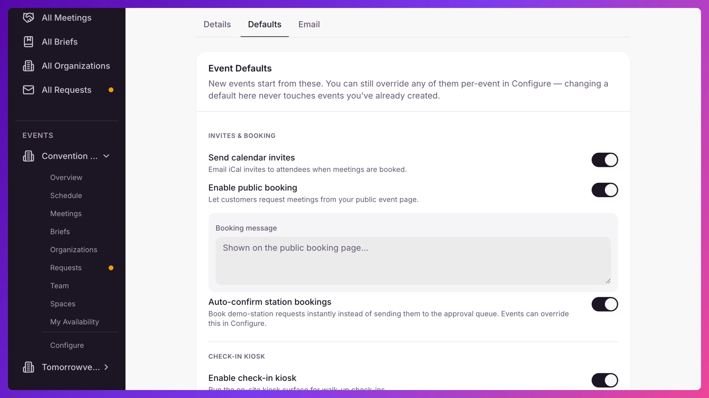 Settings, Company, Defaults tab showing the Invites & booking, Check-in kiosk, Briefing, and Schedule sections
