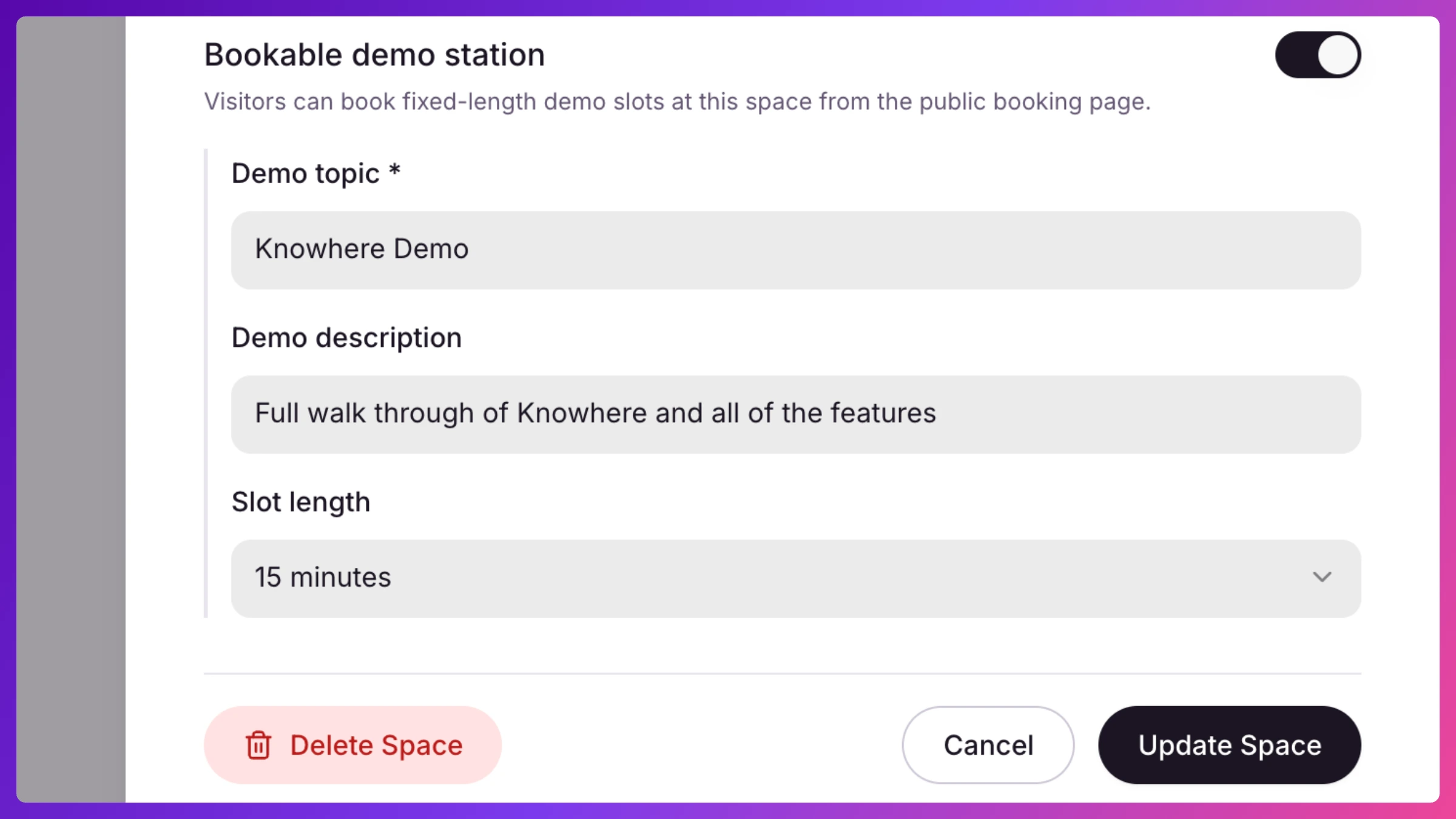 Space edit panel with Bookable demo station turned on, showing the demo topic, description, and slot length fields