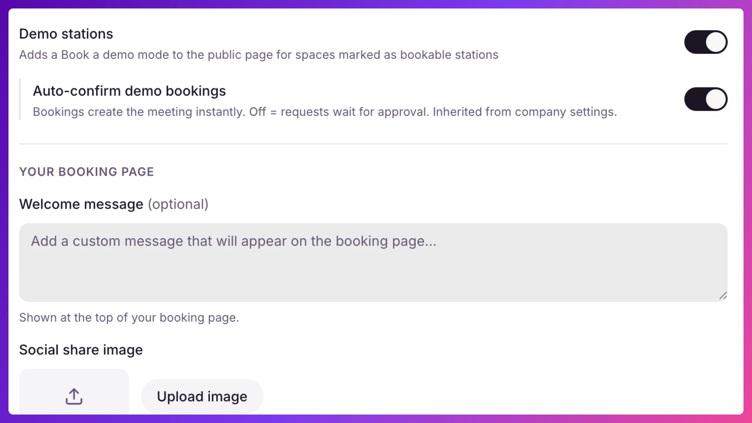 Configure, Sharing, Booking screen showing the Demo stations toggle and Auto-confirm toggle