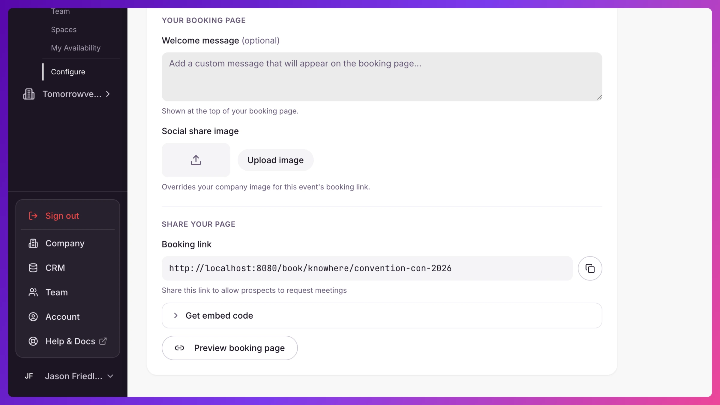 Configure, Sharing, Booking screen with the Enable Public Booking toggle, Booking Link field, embed snippet, and Custom Message field