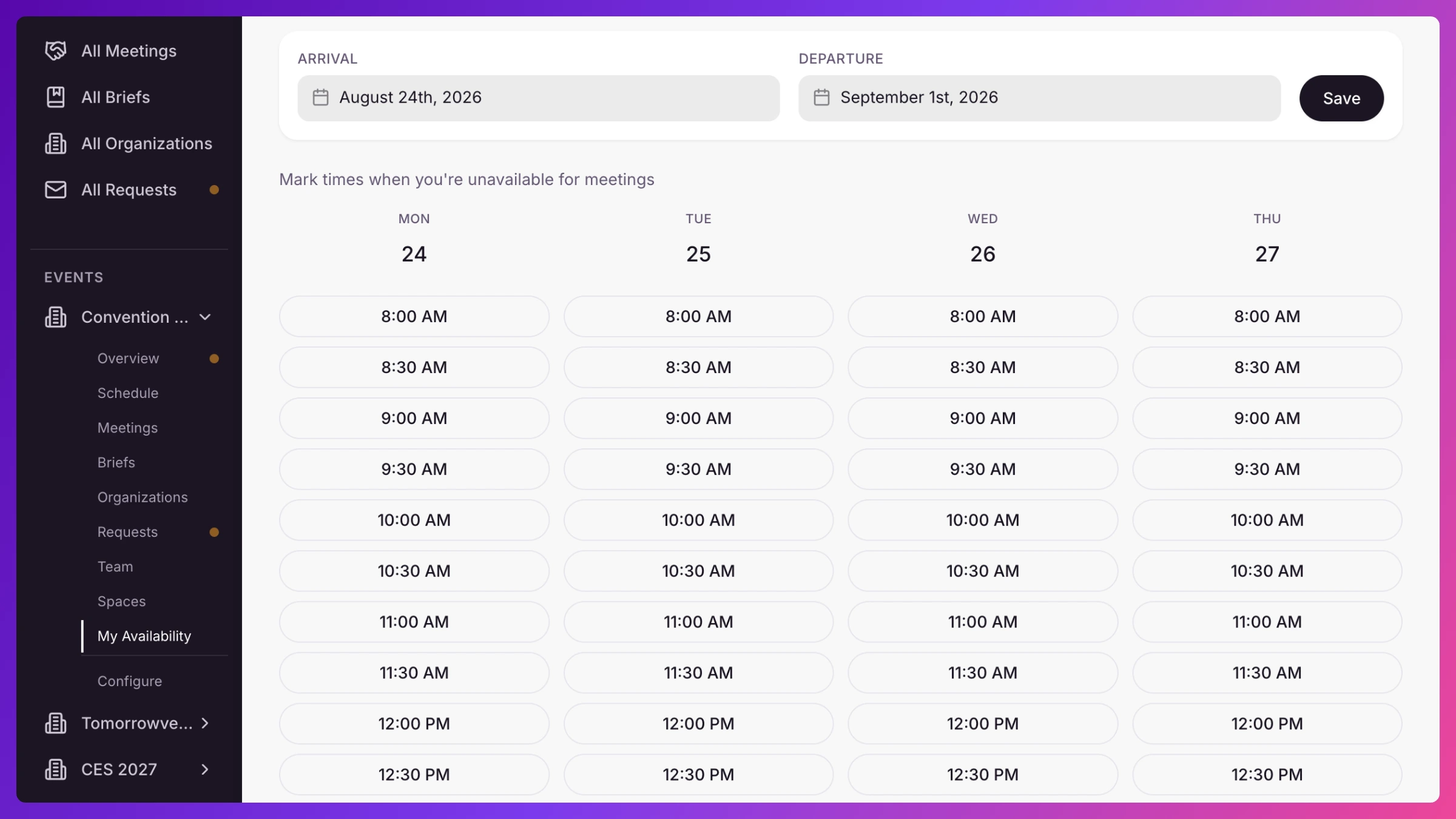 My Availability screen showing per-event Arrival and Departure dates and the Manage Time Slot Availability grid