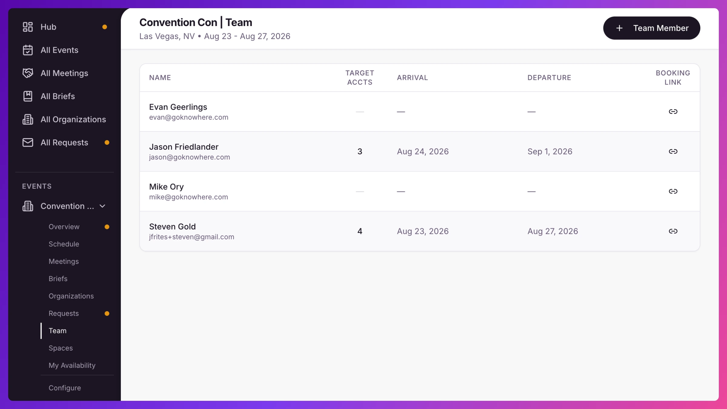 Event Team tab with the Booking Link column and a Copy button on a rep's row