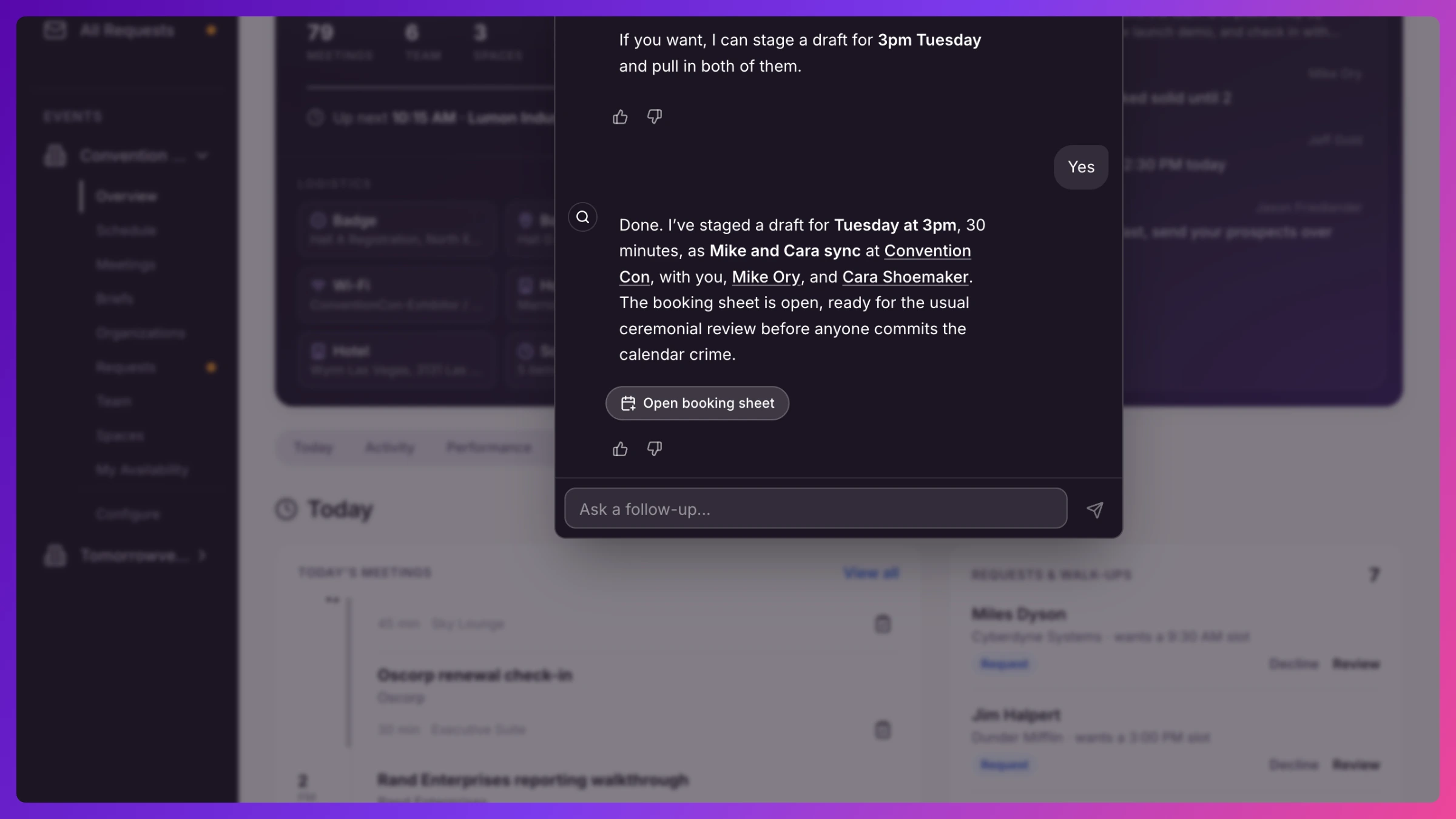 Know It All box with a typed booking request and an Open booking sheet button