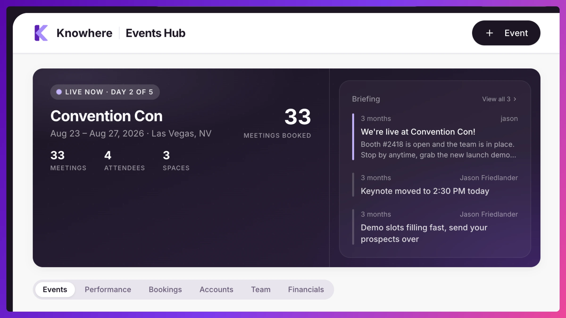 Manager Hub showing the next event hero, meetings scorecard, Team Coverage and Activity Engagement Scoreboard, and Recent Activity feed